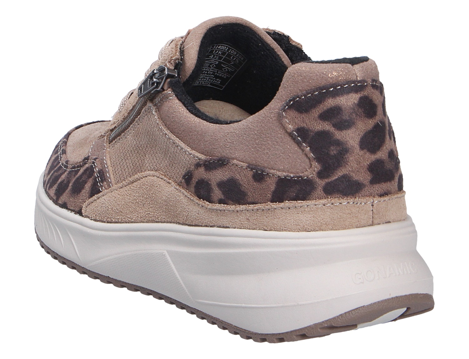 Rückansicht des Waldläufer H-Macie Sneakers in Taupe mit Animal-Print, seitlichem Reißverschluss und heller Komfortsohle