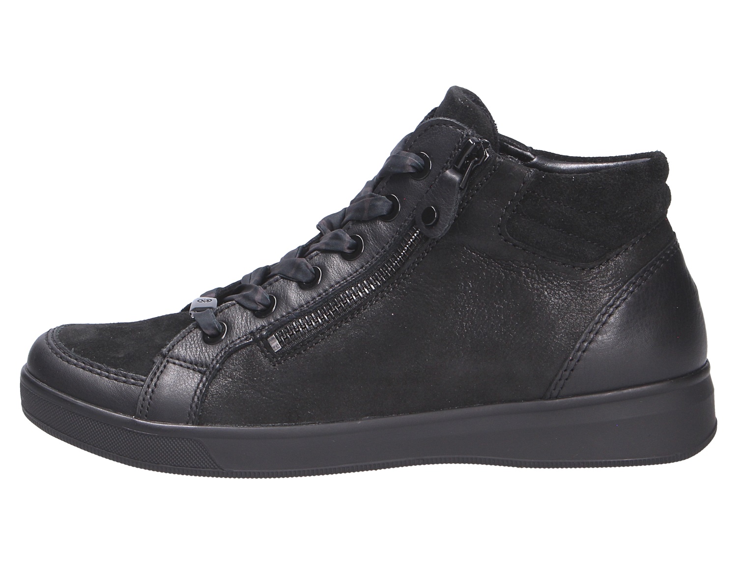 Ara ROM schwarzer Damen High-Top-Sneaker aus Leder, seitliche Ansicht, mit Reißverschluss, Schnürung und flacher Sohle