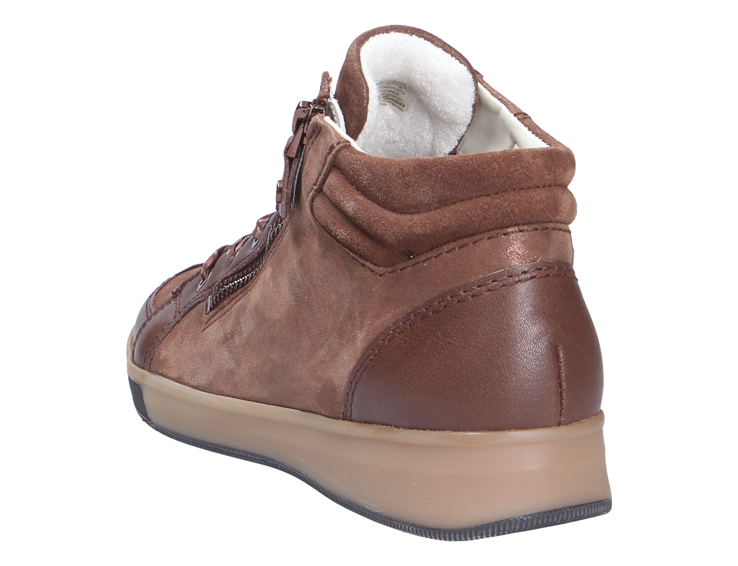 Rückansicht des braunen Ara ROM Damen-Sneakers mit seitlichem Reißverschluss, gepolstertem Schaft und warmem Innenfutter