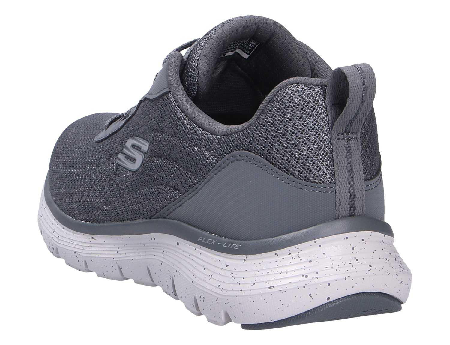 Skechers Fles Advantage Sneaker in Dunkelgrau, seitliche Rückansicht mit atmungsaktivem Mesh-Obermaterial und weiß gesprenkelter Flex-Lite-Sohle