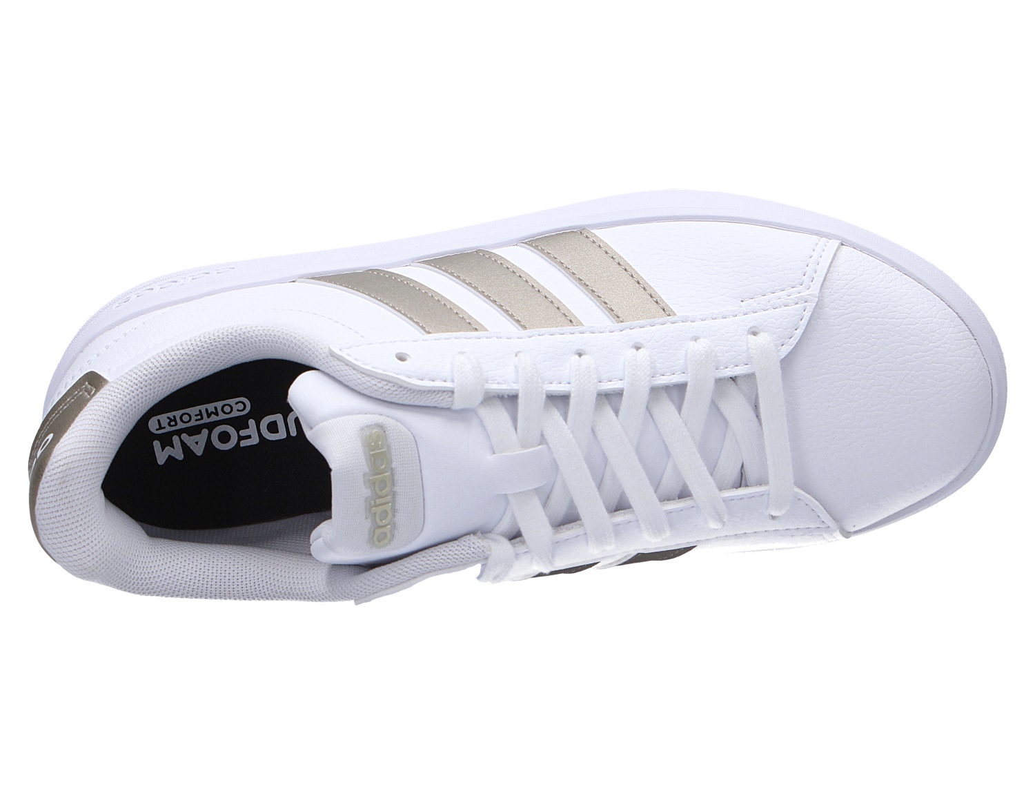 Adidas GRAND COURT 3.0 Sneaker in Weiß mit goldenen 3-Streifen und Schnürung, Ansicht von oben