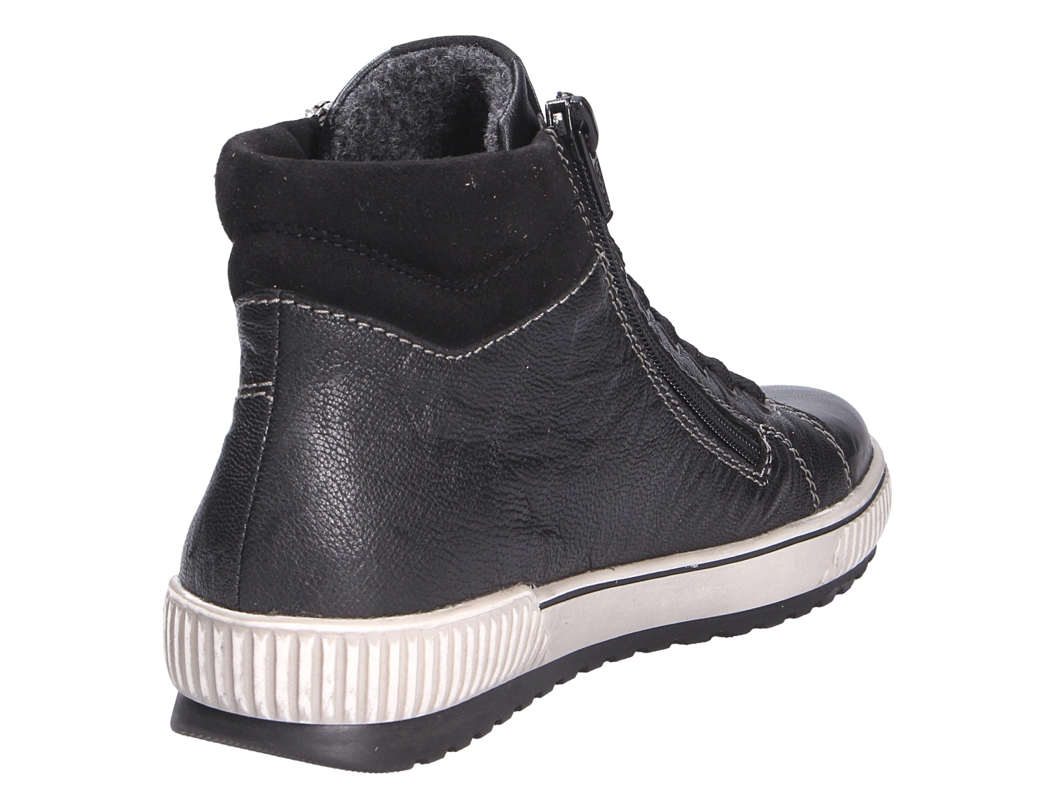 Remonte Damen Stiefel in Schwarz aus der Seiten- und Rückansicht, mit Reißverschluss, warmem Innenfutter und heller Profilsohle