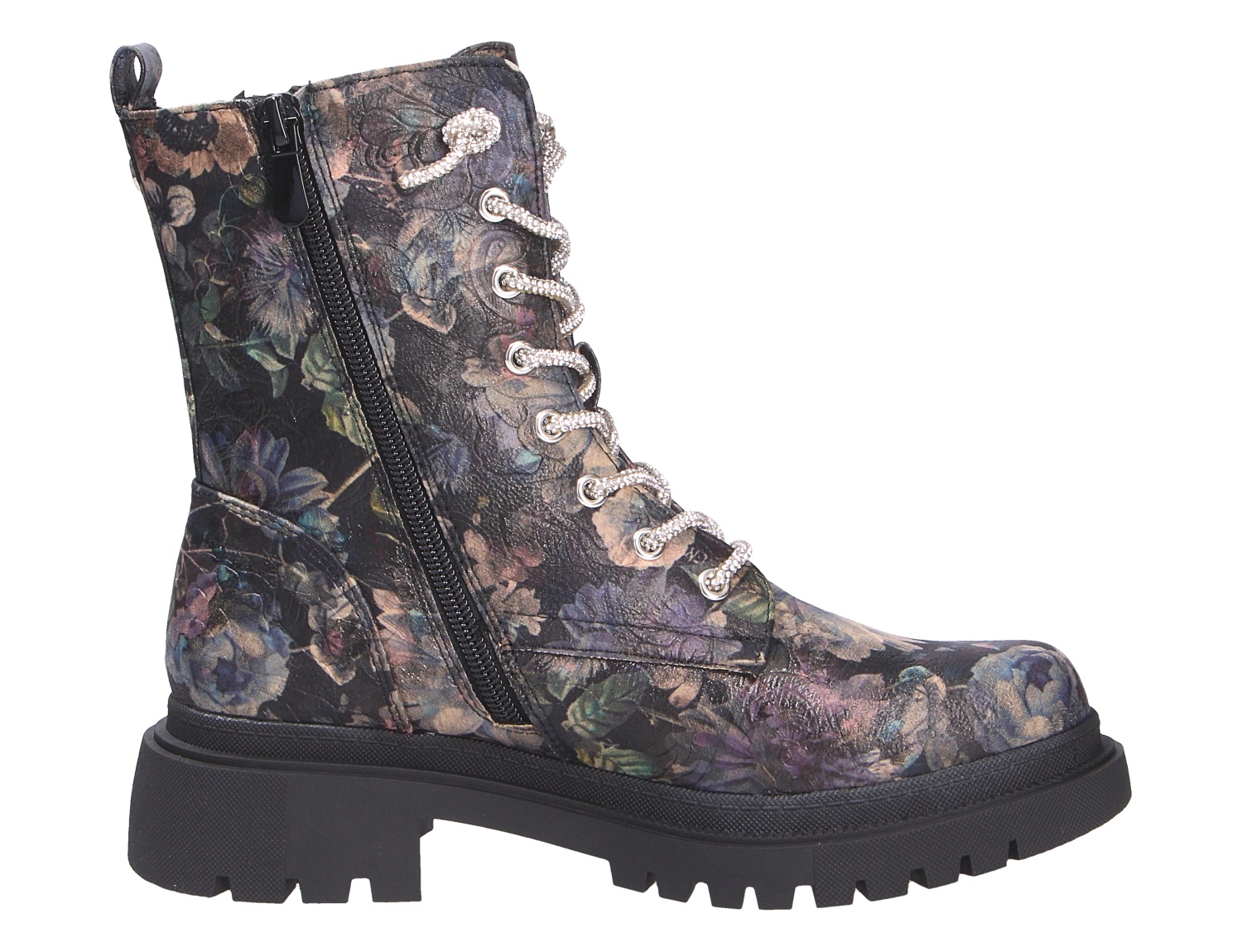 La Strada Damen Stiefel mit floralem Allover-Muster, seitlichem Reißverschluss, heller Schnürung und markanter Profilsohle