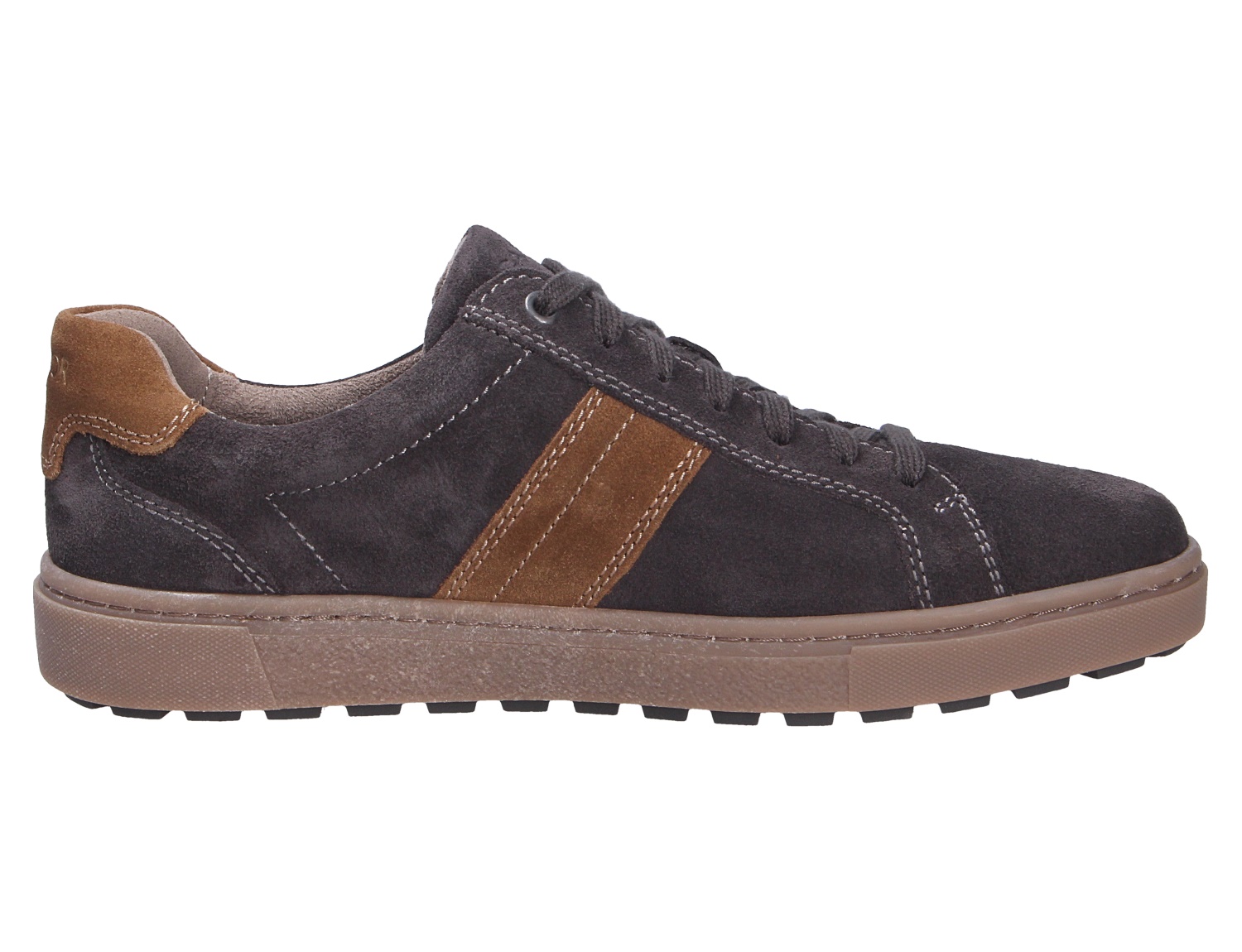 Pius Gabor Herren Sneaker aus Veloursleder in Dunkelgrau, Seitenansicht mit braunen Streifen und brauner Laufsohle