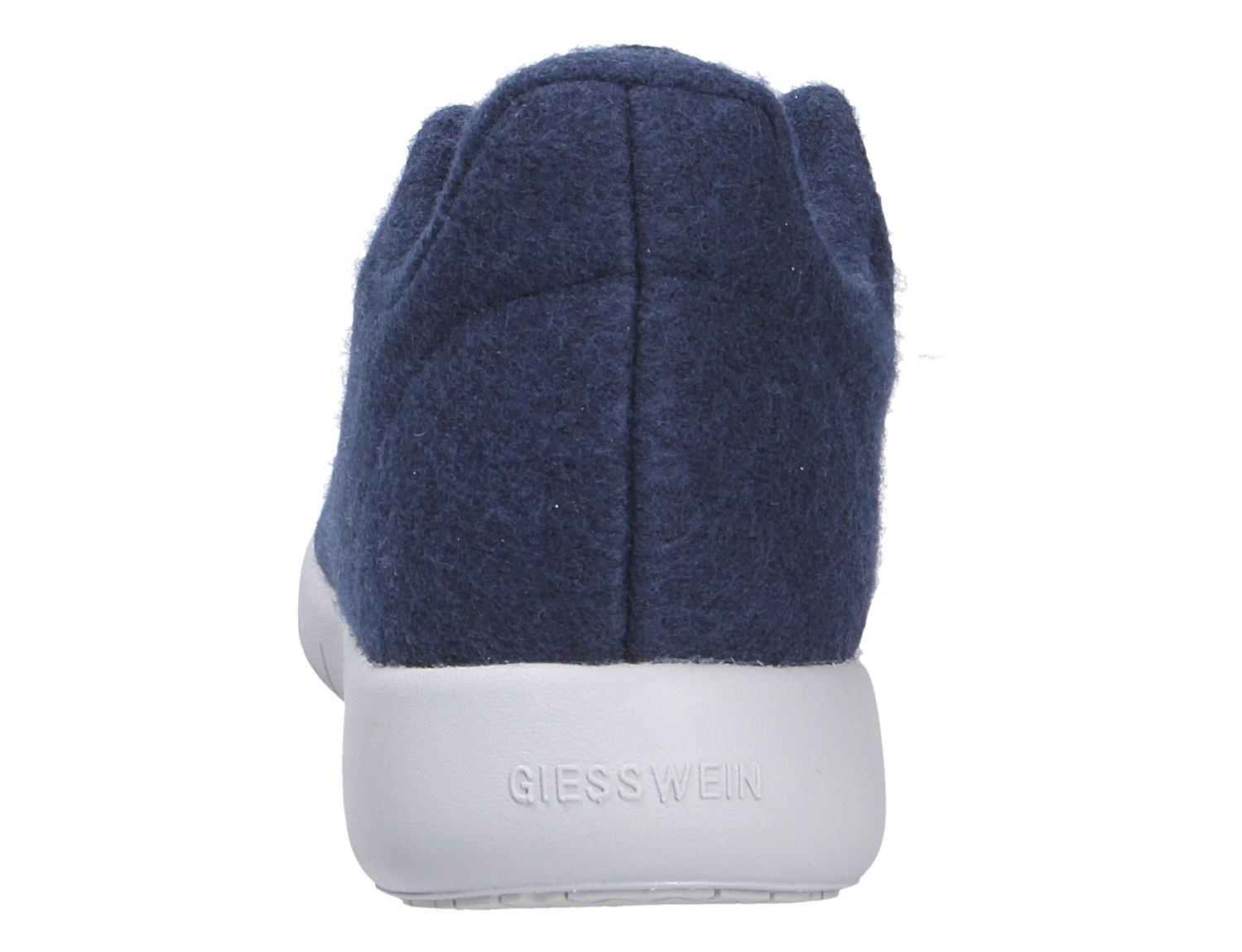 Rückansicht des Giesswein MERINO RUNNERS MEN Herren-Sneakers aus dunkelblauer Merinowolle mit weißer Sohle
