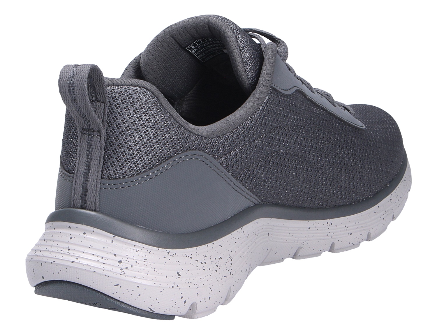 Skechers Fles Advantage Sneaker in Dunkelgrau, Rück- und Seitenansicht mit atmungsaktivem Mesh-Obermaterial, Zuglasche und heller, gesprenkelter Laufsohle