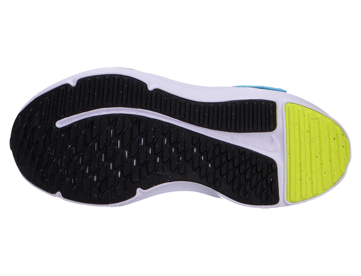 Unterseite des Nike Cosmic Runner Laufschuhs mit schwarzer Profilsohle, weißer Zwischensohle und neongelbem Fersenbereich