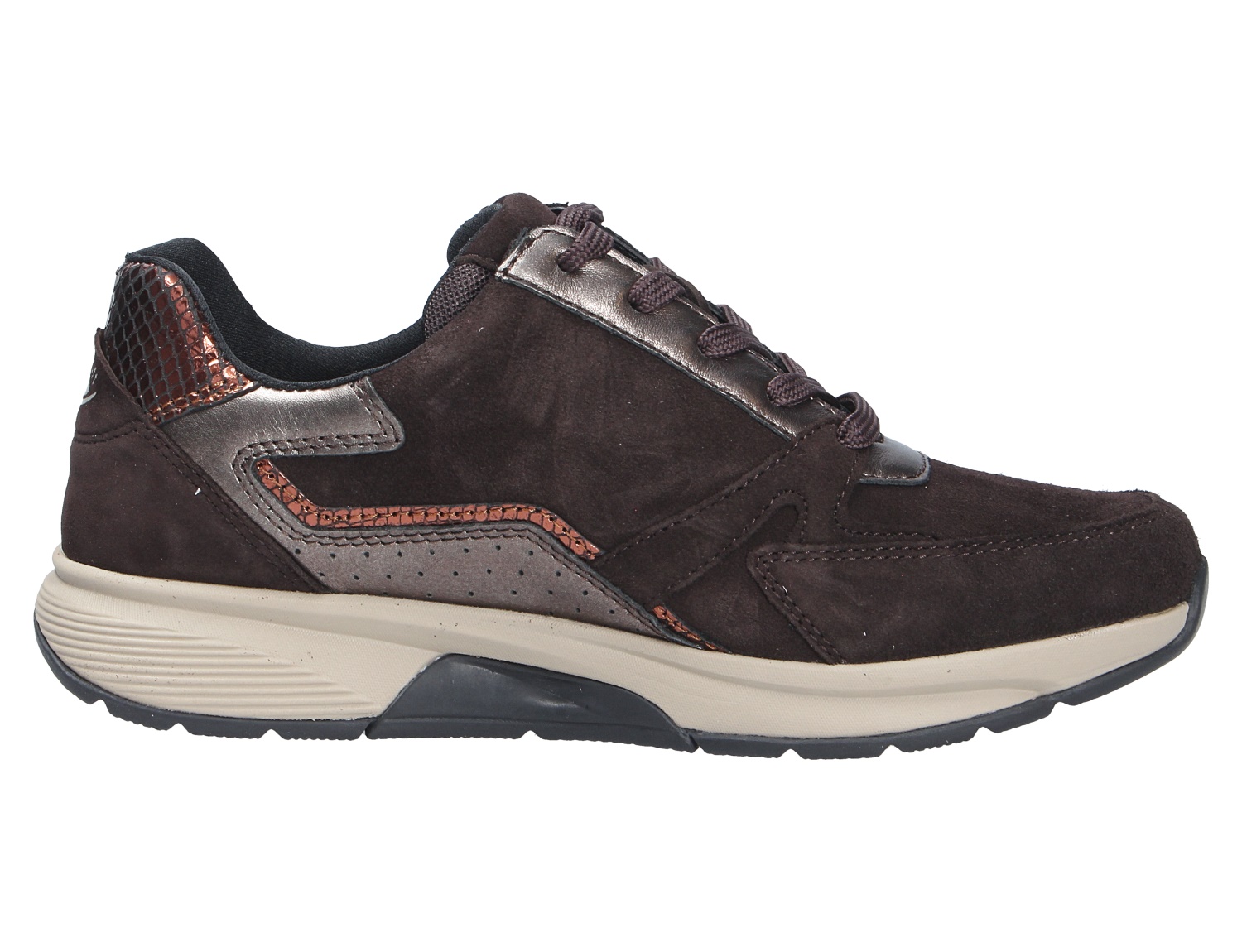 Seitenansicht des Gabor Rolling Soft Sneakers in Dunkelbraun aus Nubukleder mit glänzenden Metallic-Akzenten und heller Komfortsohle