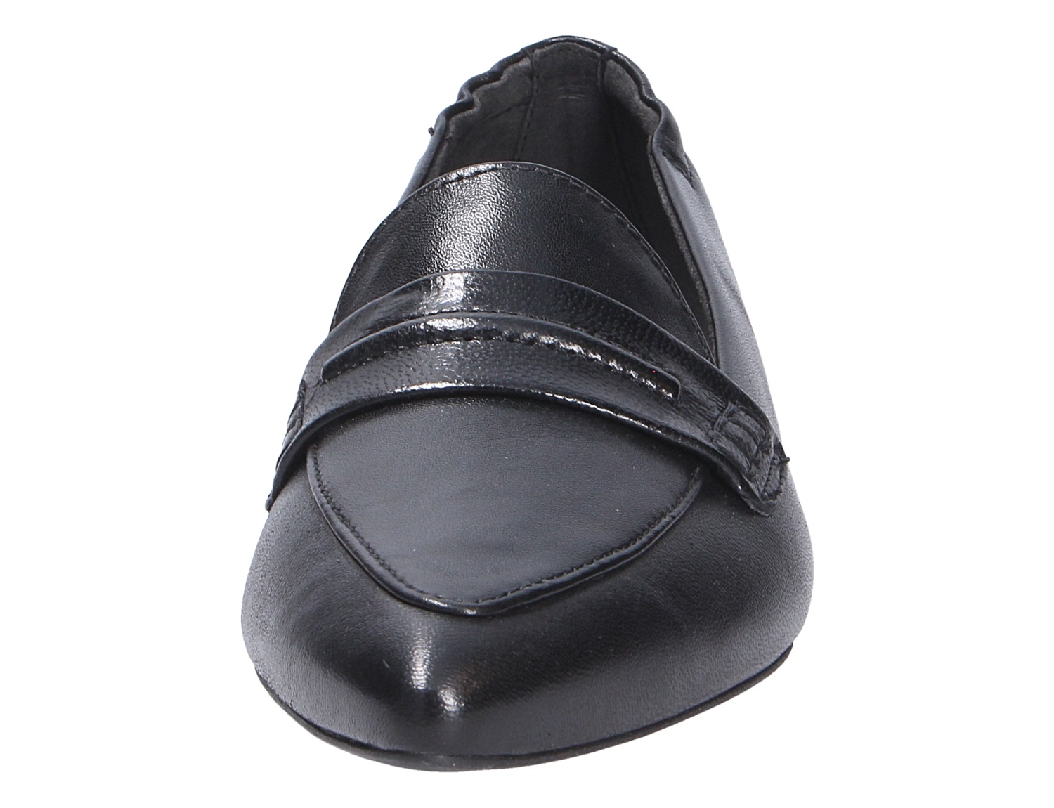 Frontansicht eines schwarzen Paul Green Damen Slippers aus Leder mit klassischem Penny-Loafer-Riemen und eleganter Form