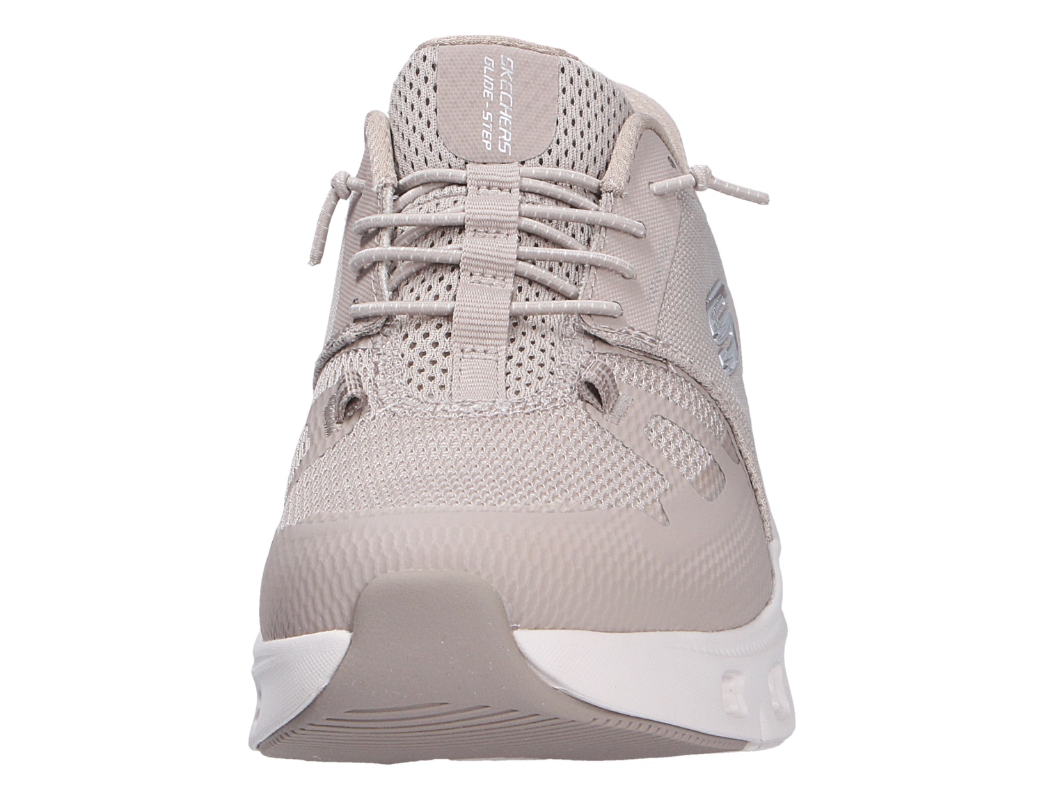 Frontalansicht des beigen Skechers Glide Step Pro Sneakers mit atmungsaktivem Mesh-Obermaterial und sportlicher Dämpfungssohle