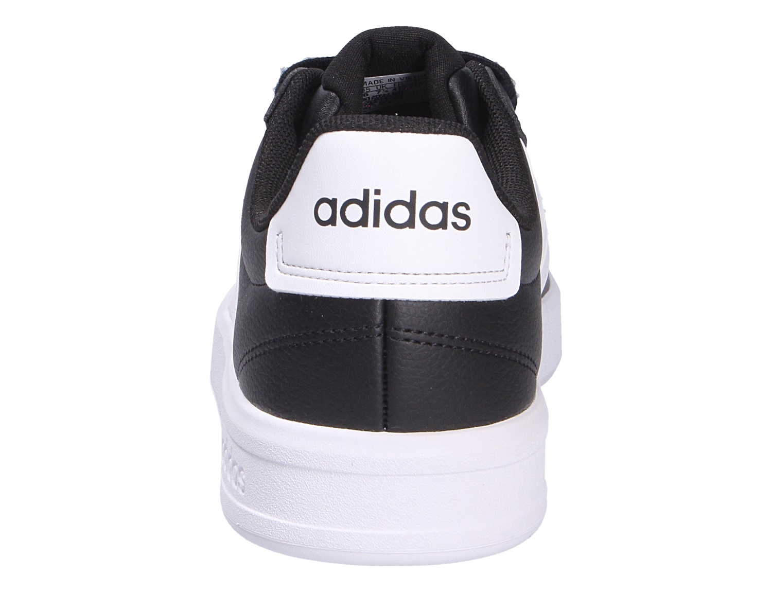 Rückansicht des Adidas GRAND COURT 3.0 Sneakers in Schwarz mit weißer Fersenkappe und weißer Sohle