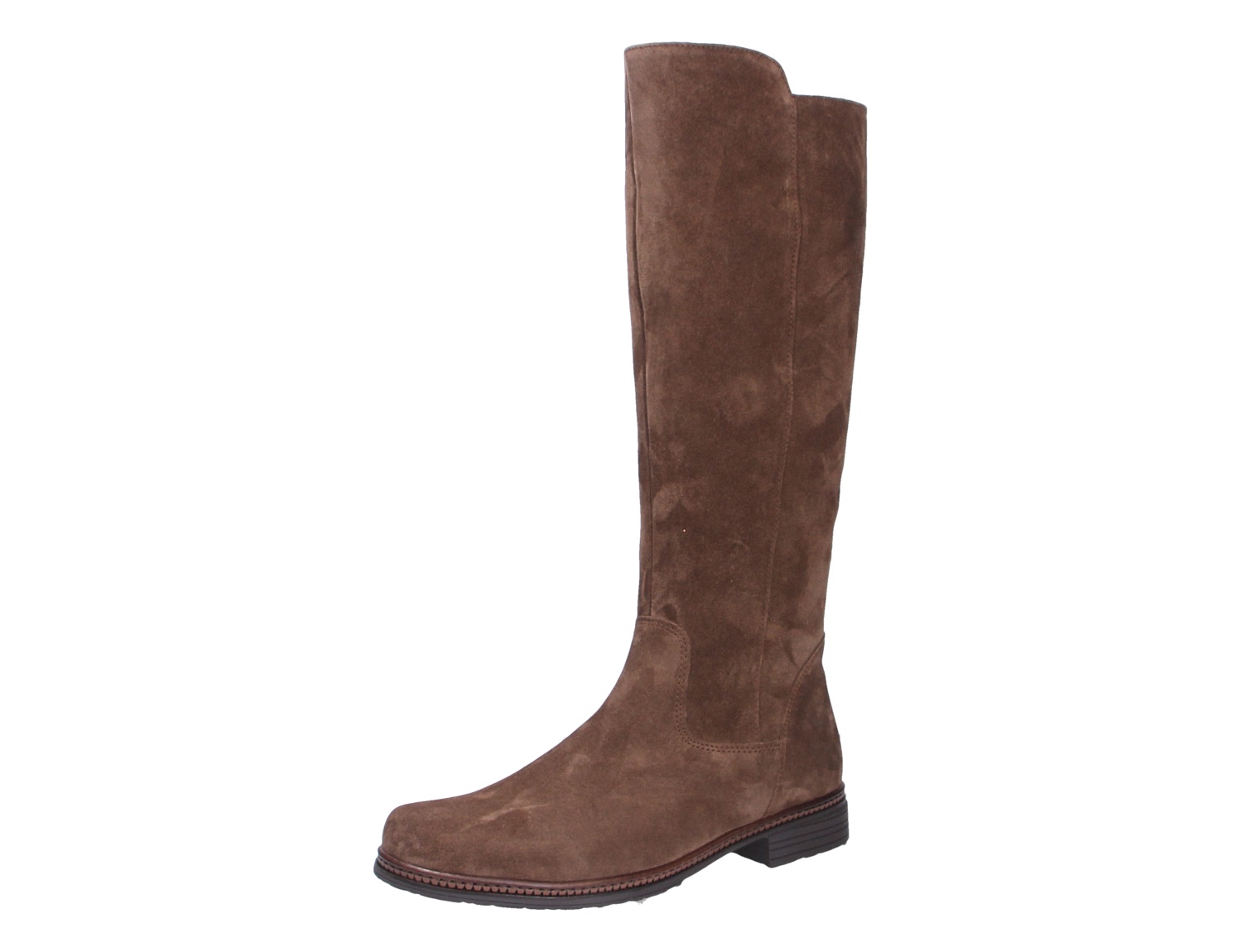 Gabor Damen Stiefel aus braunem Veloursleder mit hohem Schaft und flacher Sohle in Seitenansicht