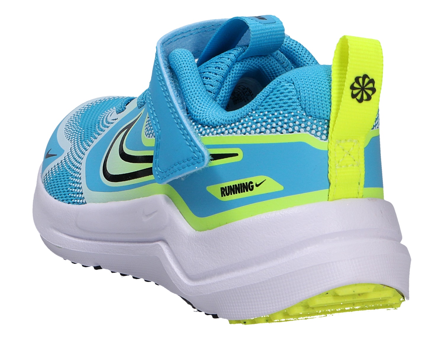Nike Cosmic Runner Kinder-Laufschuh in Blau und Neongelb mit Klettverschluss, Mesh-Obermaterial und weißer Sohle, dargestellt in seitlicher Rückansicht