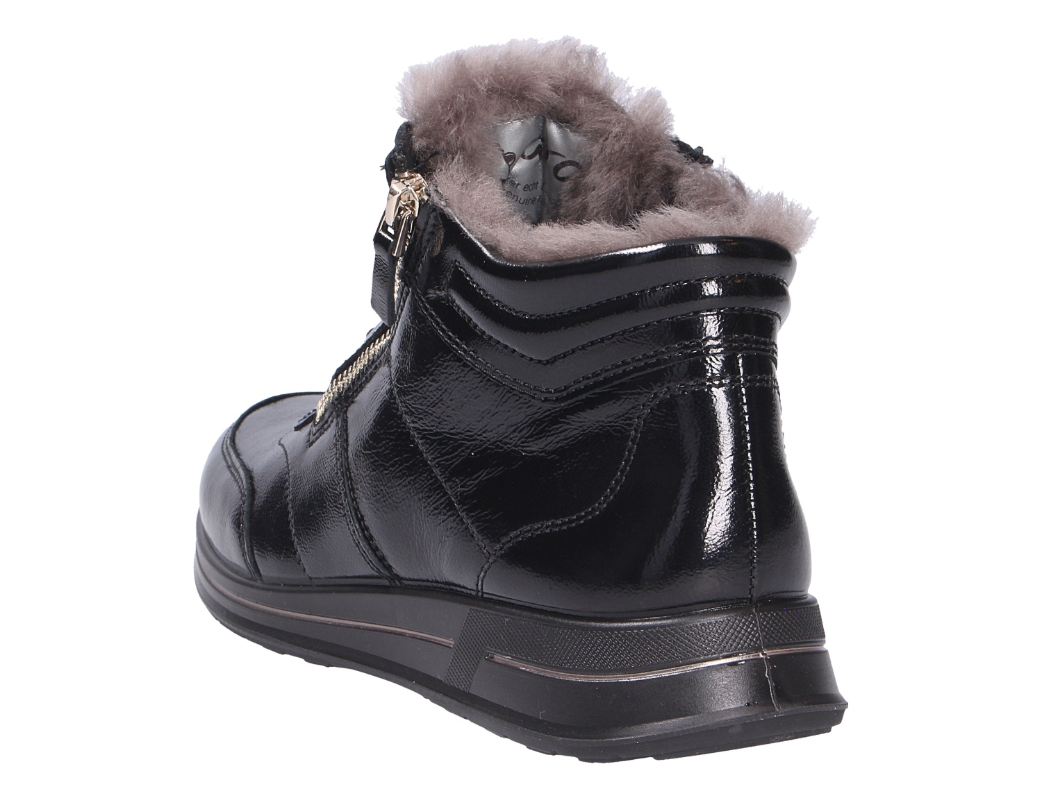 Ara OSAKA Damen-Stiefelette aus schwarzem Lackleder mit Reißverschluss, warmem Futter und sportlicher Sohle, Rück- und Seitenansicht