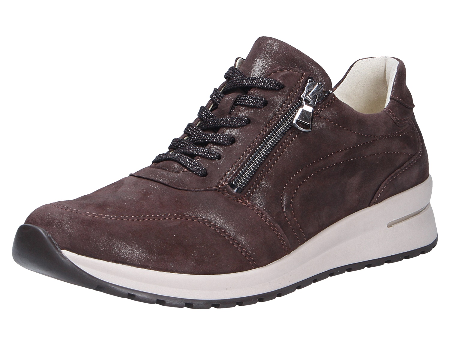 Waldläufer H-Inessa Damen-Sneaker aus dunkelbraunem Nubukleder mit seitlichem Reißverschluss, Schnürung und heller Keilsohle