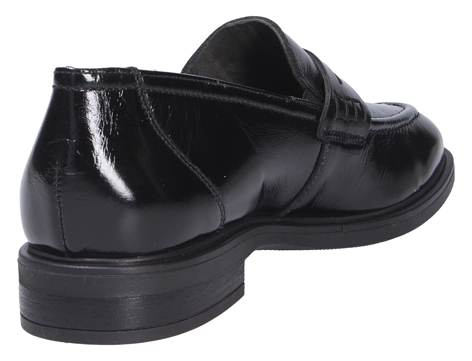 Paul Green Damen Slipper aus schwarzem Glattleder mit flachem Absatz und klassischer Form, schräg von hinten fotografiert