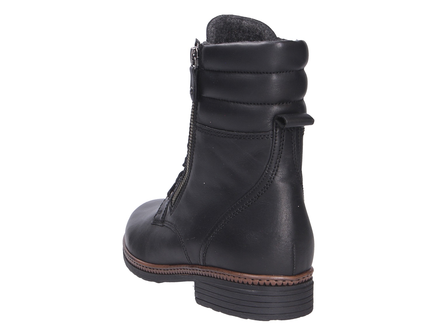 Gabor Damen Stiefel von Gabor in Schwarz, Rückansicht eines knöchelhohen Lederstiefels mit seitlichem Reißverschluss, gepolstertem Schaft und blockigem Absatz