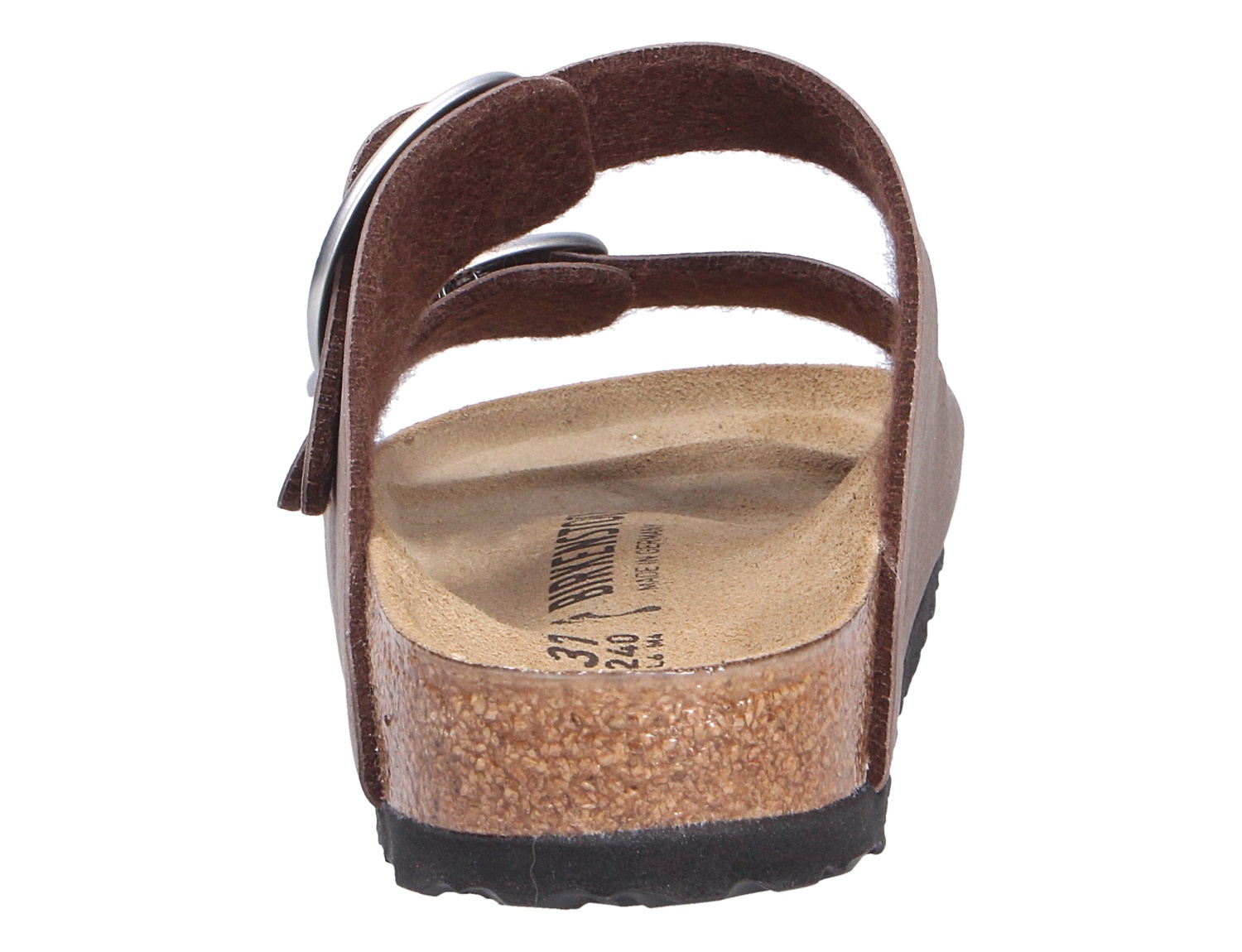 Rückansicht der Birkenstock Arizona Big Buckle Sandale in Braun mit zwei breiten Riemen, großen Schnallen und anatomischem Kork-Latex-Fußbett