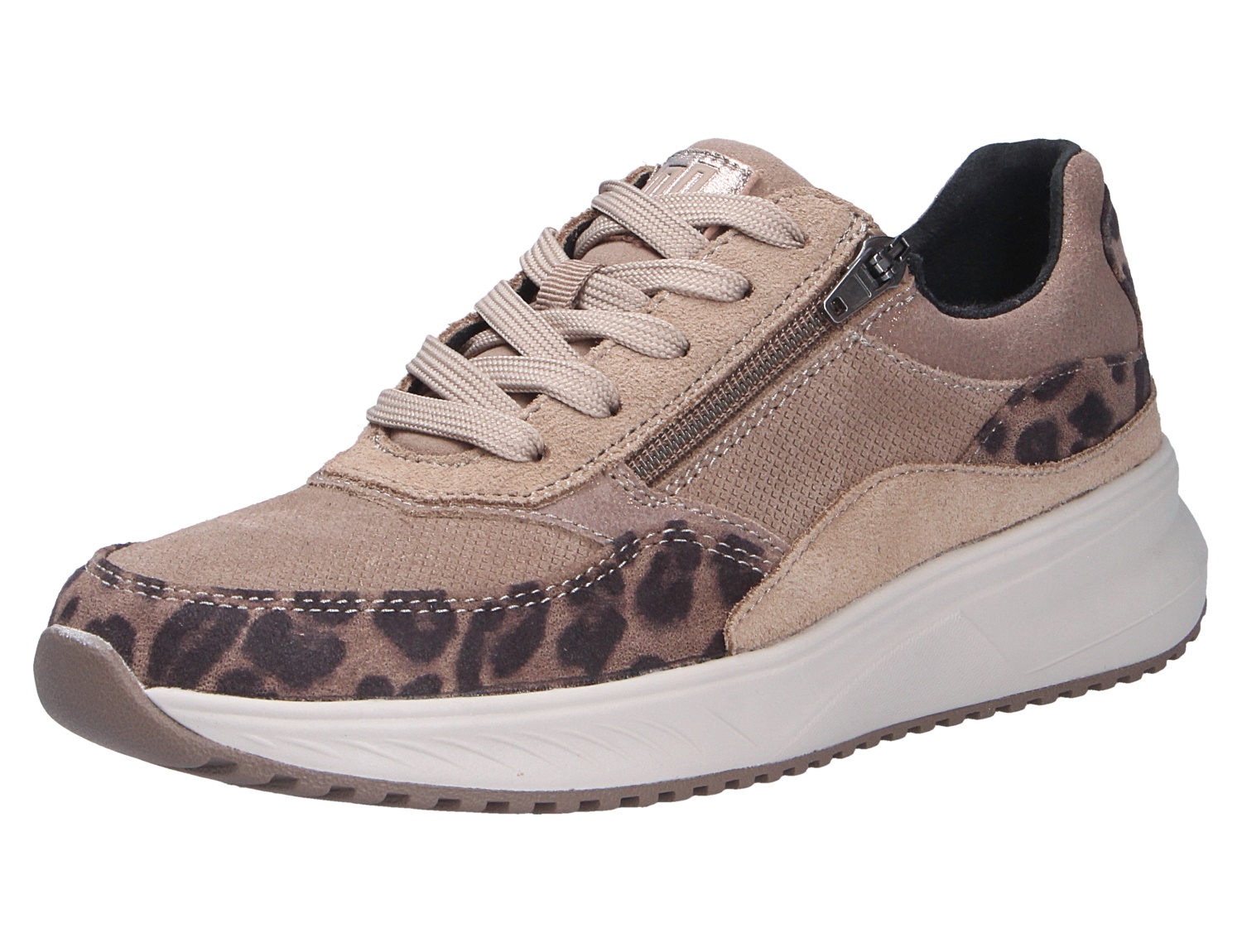 Waldläufer H-Macie Damen-Sneaker in Beige aus Veloursleder mit Leo-Details, Schnürung, seitlichem Reißverschluss und heller Keilsohle