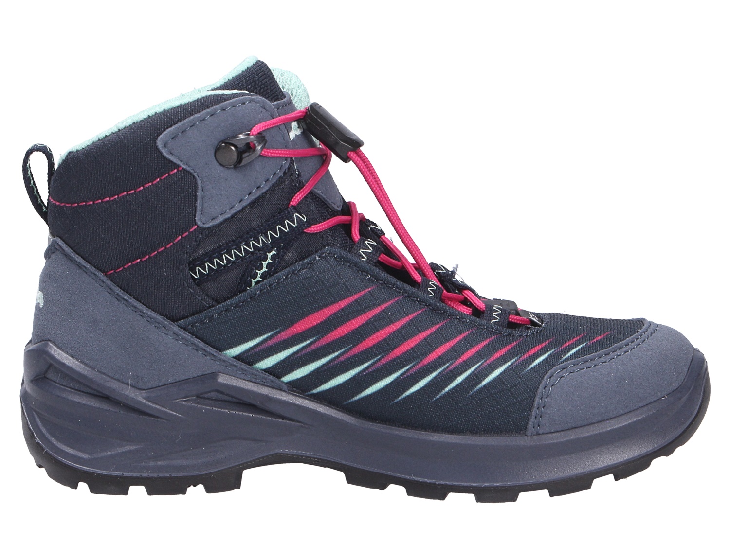 Lowa ZIRROX II GTX MID JR, wasserdichter Kinder-Mid-Wanderschuh in Dunkelblau mit pinken Schnürsenkeln und farbigen Akzenten