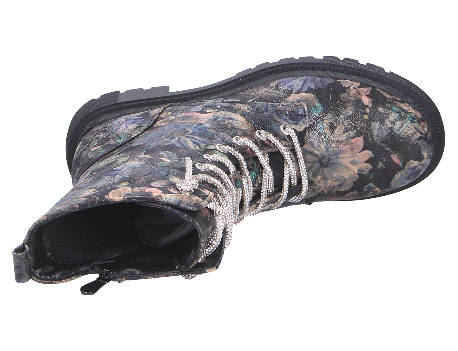 La Strada Damen Stiefel in Schwarz mit floralem Print, Glitzer-Schnürsenkeln, Profilsohle und seitlichem Reißverschluss