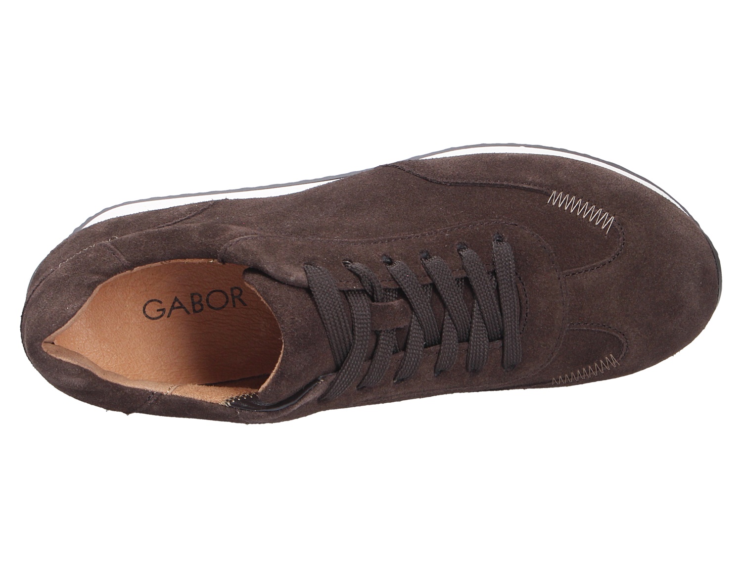 Gabor Damen Sneaker aus braunem Veloursleder mit Schnürung und weißer Sohle, Ansicht von oben