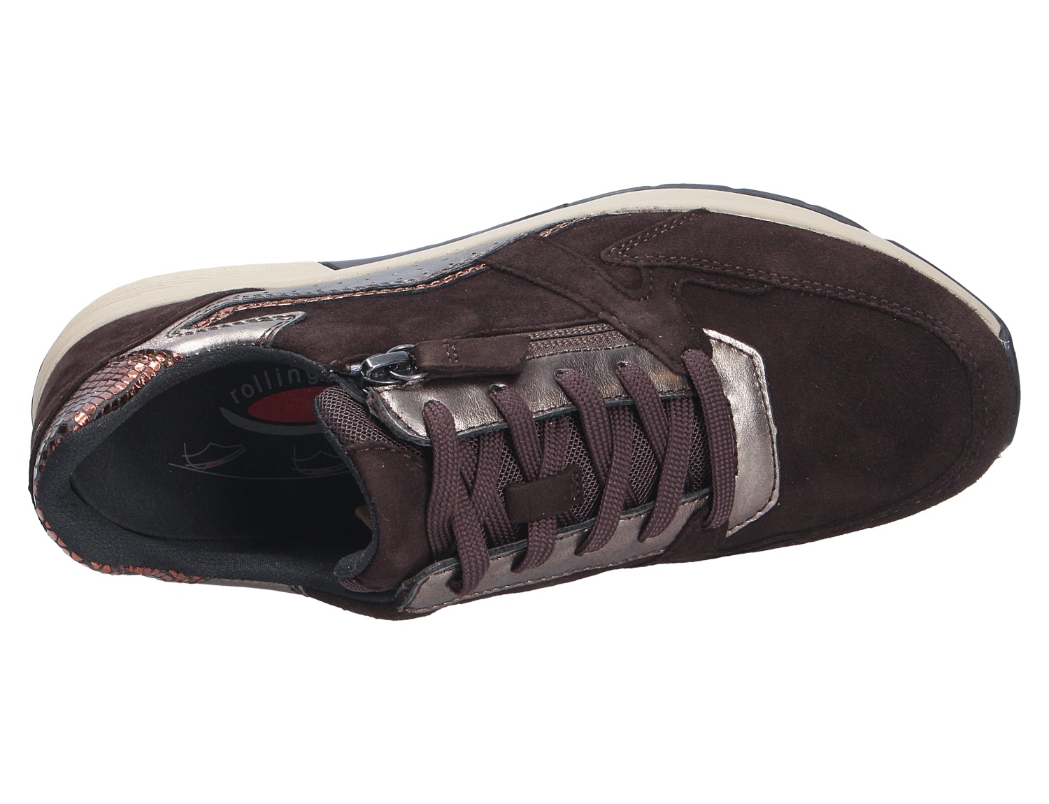 Draufsicht auf den Gabor Rolling Soft Sneaker in Dunkelbraun mit Schnürung, seitlichem Reißverschluss und metallischen Details