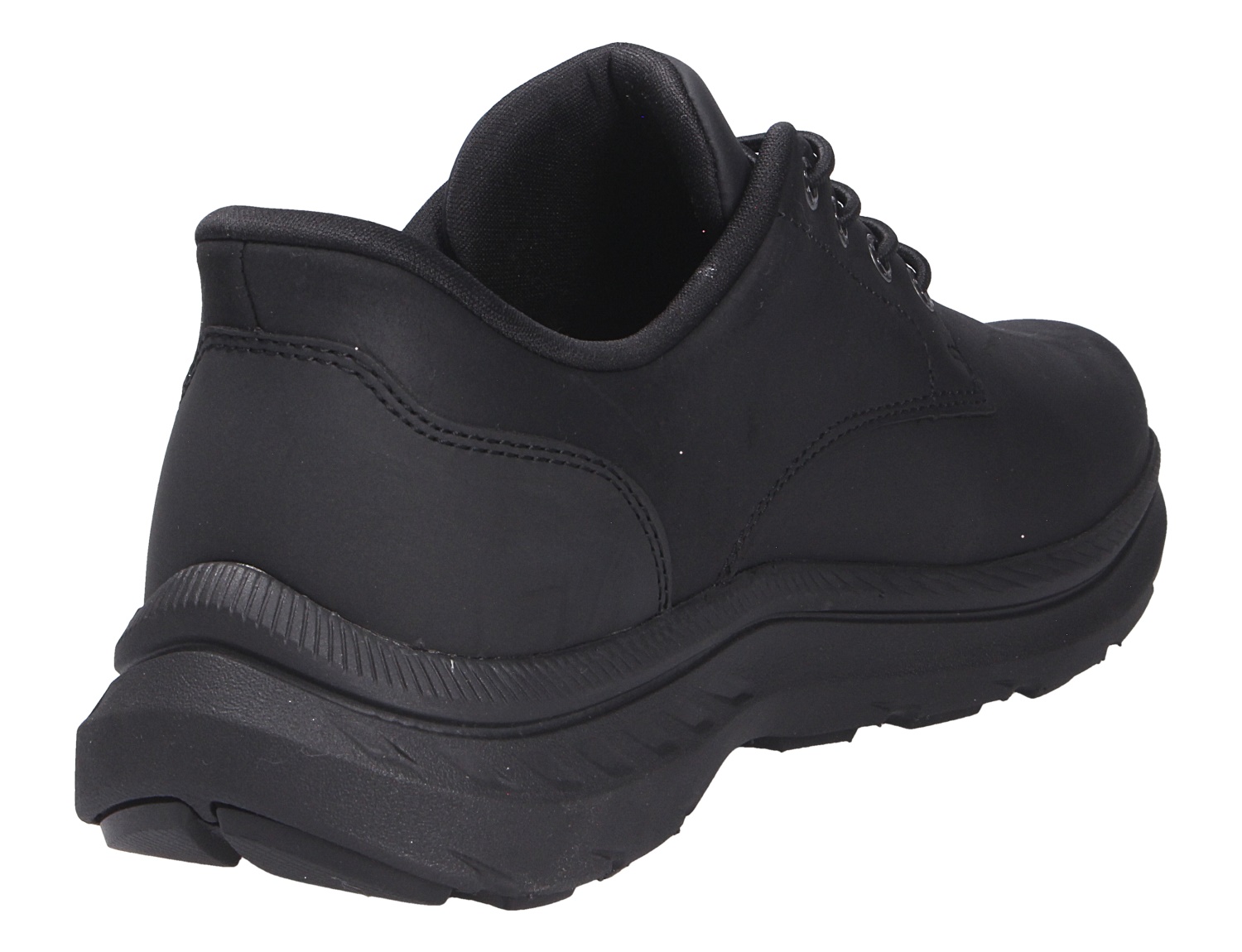Skechers Herren Halbschuhe in Schwarz mit robuster Sohle und Schnürung, gezeigt in Rück- und Seitenansicht