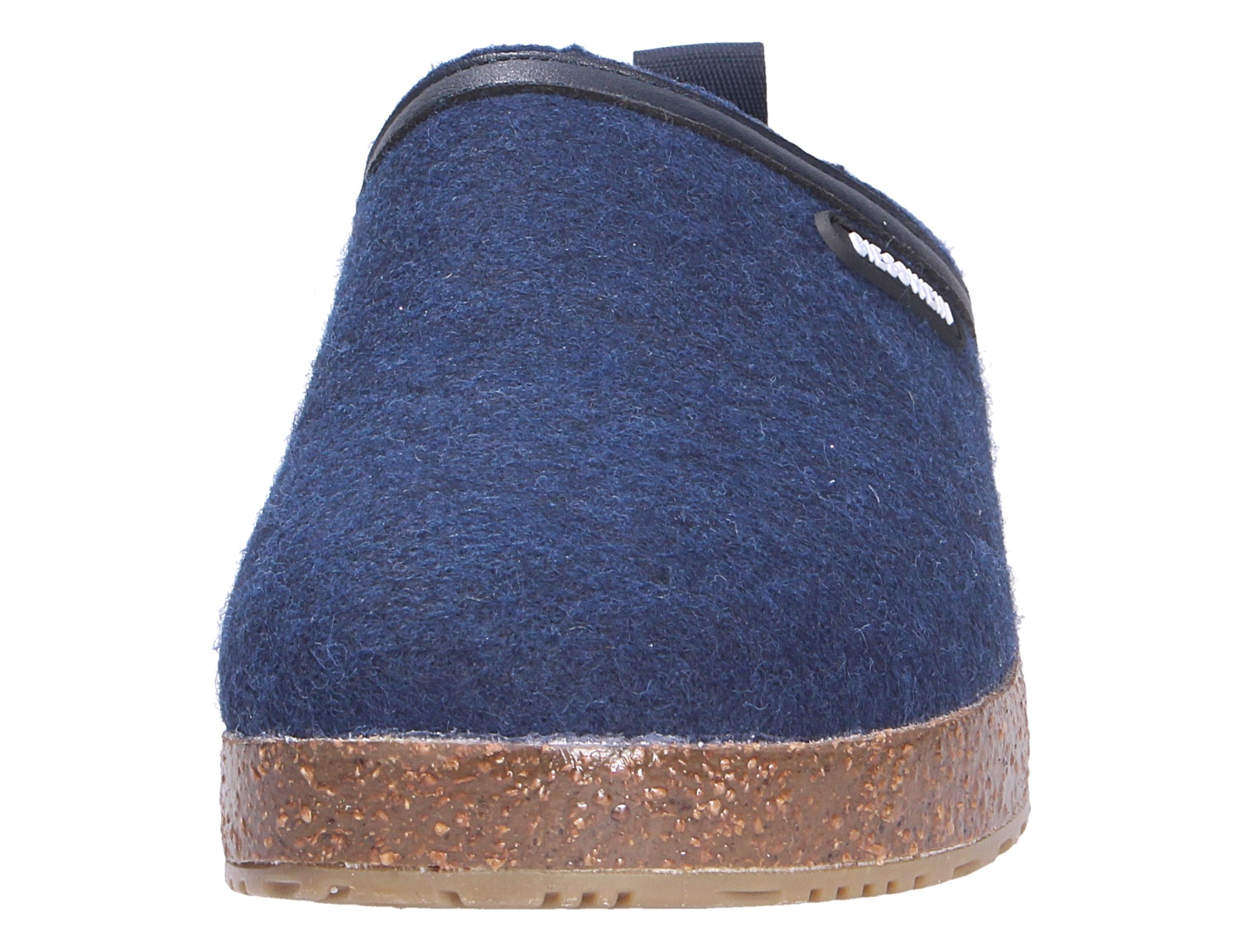 Rückansicht des Giesswein WOOL CLOG in Dunkelblau aus Wolle mit brauner Sohle