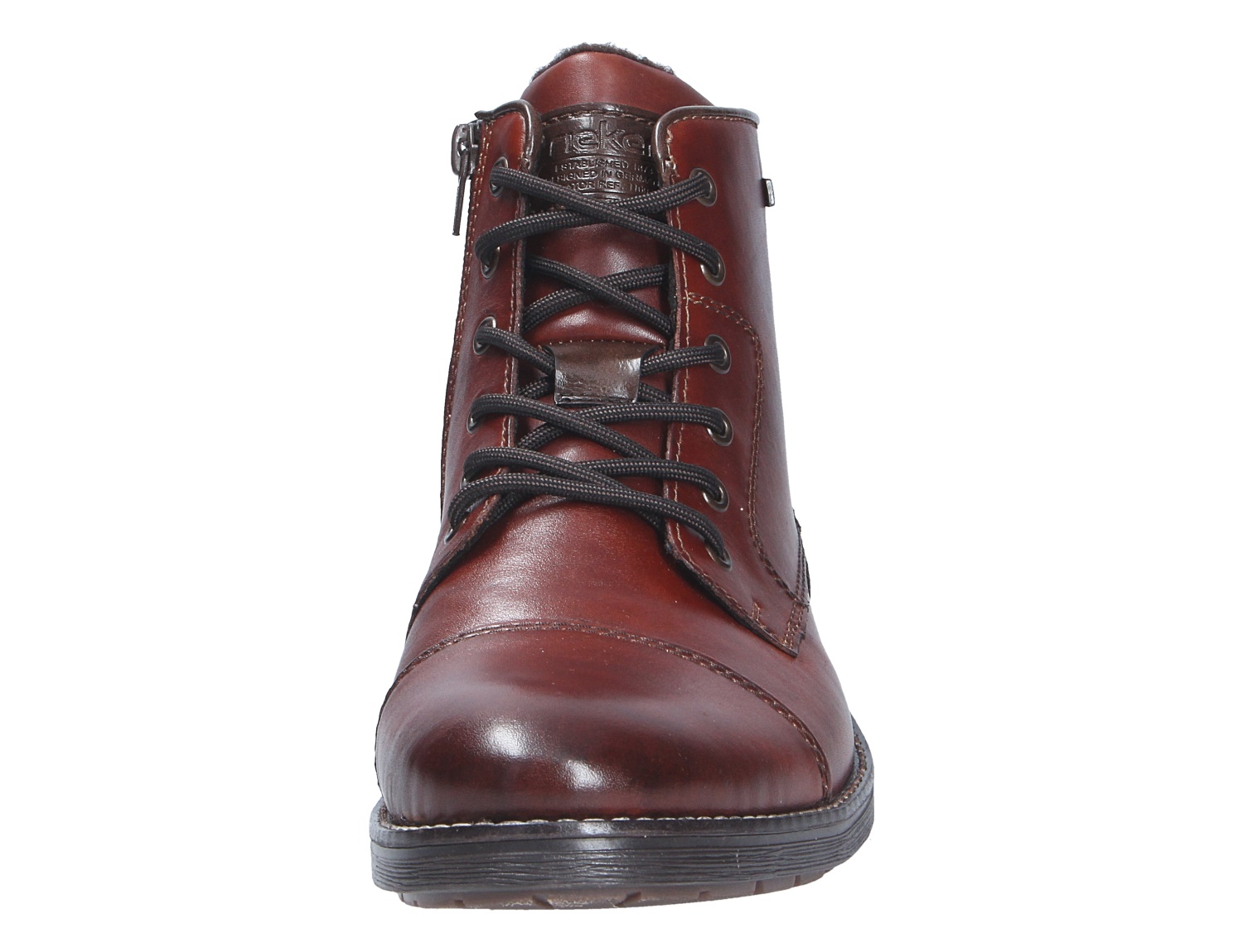Frontansicht der Rieker Herren Stiefel in Braun mit Schnürung, seitlichem Reißverschluss und robuster Sohle