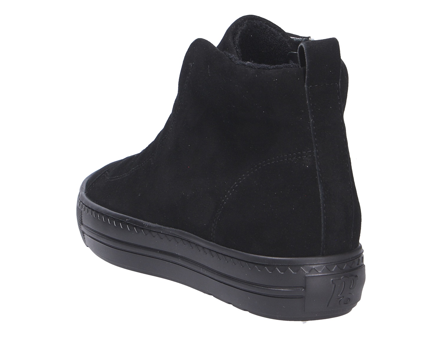 Paul Green Damen Sneaker, schwarzer High-Top-Sneaker aus Veloursleder in Rückansicht mit hohem Schaft, Zuglasche und schwarzer Plateausohle