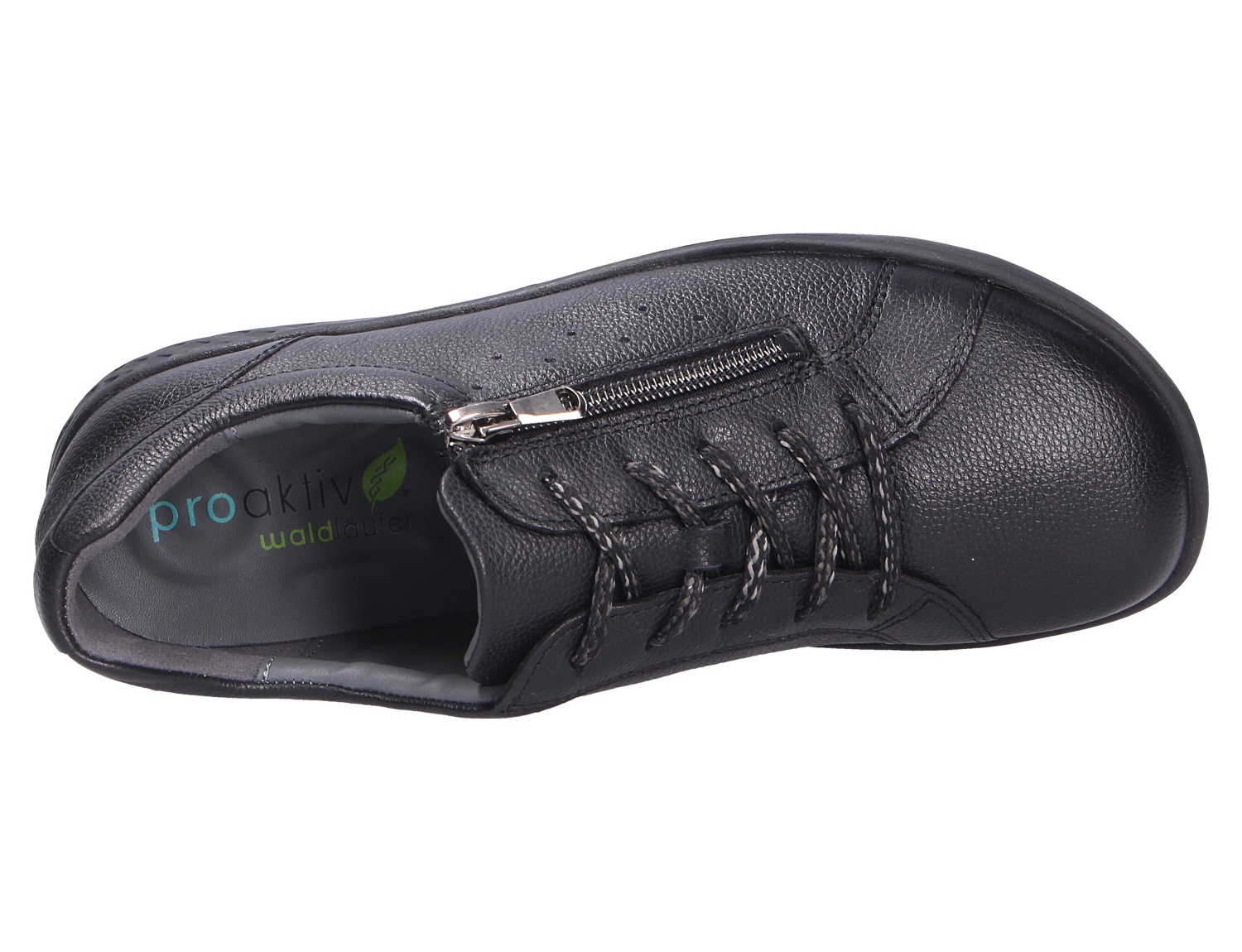 Waldläufer H-Cloé, schwarzer Damen-Halbschuh aus Leder mit seitlichem Reißverschluss und Schnürung in Draufsicht