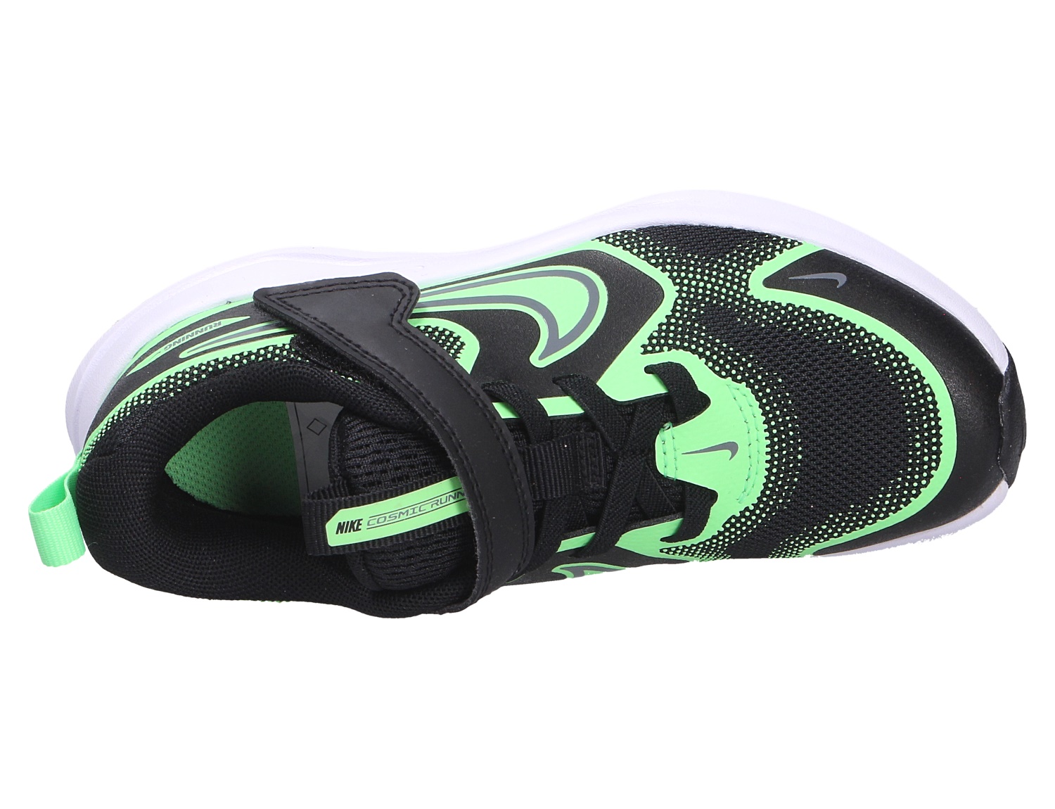 Nike Cosmic Runner Kinder-Slipper in Grün und Schwarz, sportlicher Schlupfschuh mit Klettverschluss und leichter Sohle in Draufsicht