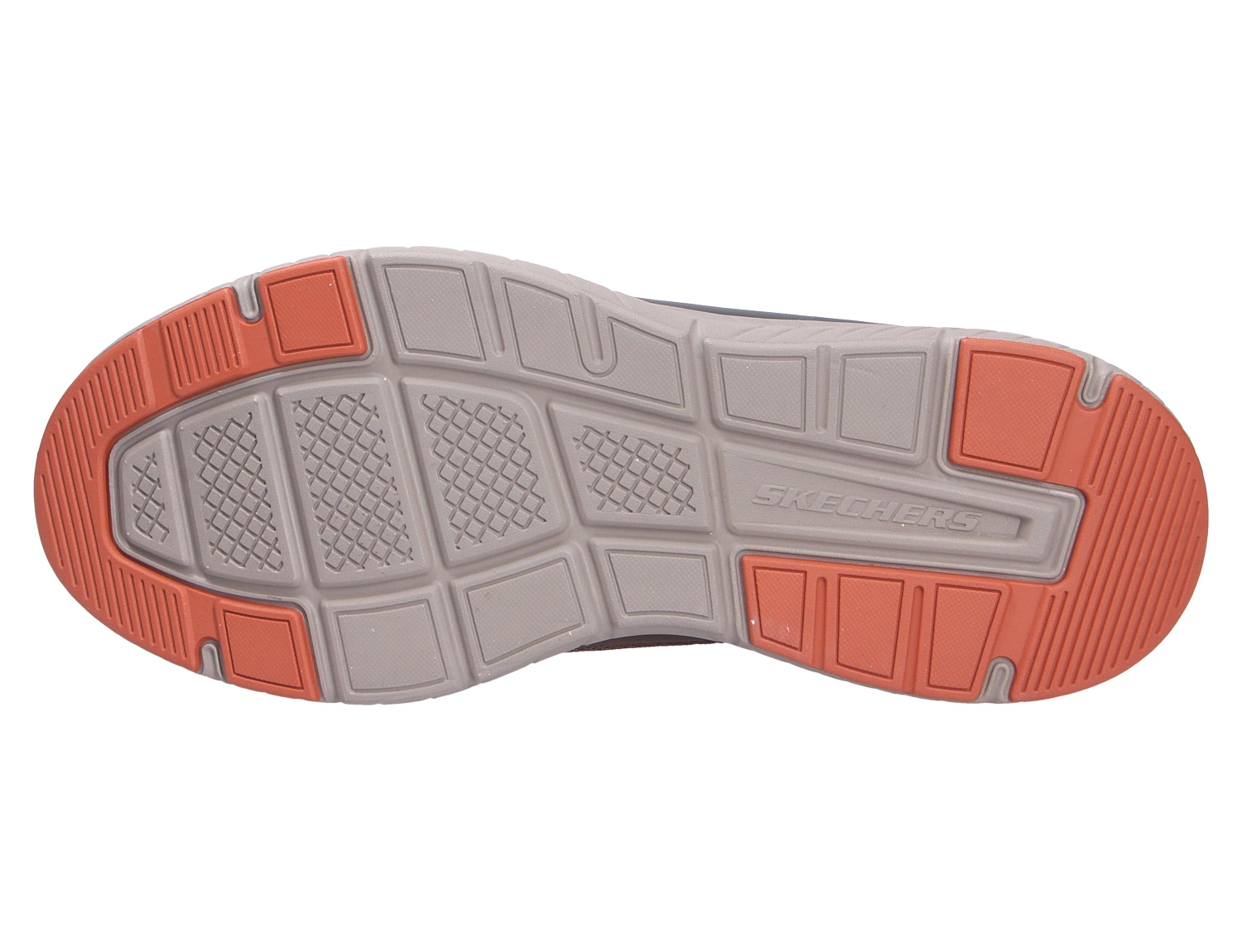 Ansicht der Laufsohle des Skechers Arch Fit mit grauer Sohle und korallenfarbenen Profilzonen für Traktion und Komfort
