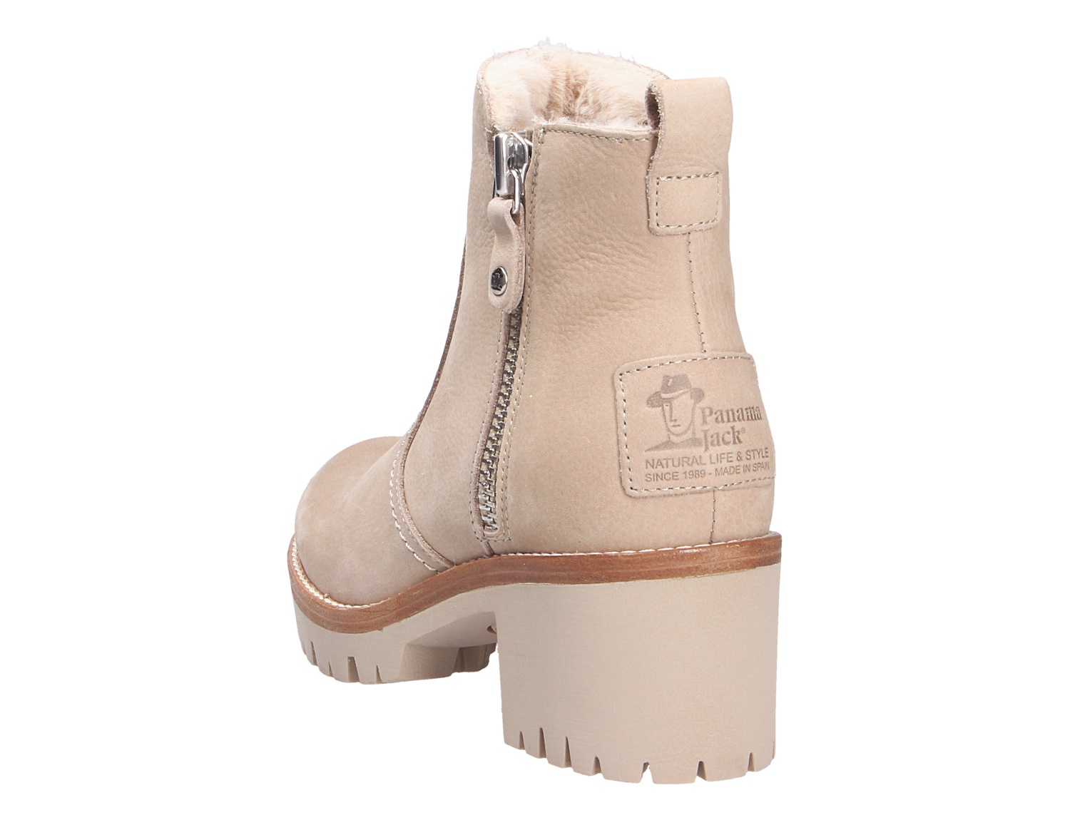Panama Jack Pauline Damen-Stiefelette in Beige, Rückansicht mit seitlichem Reißverschluss, warmem Innenfutter, Blockabsatz und robuster Profilsohle