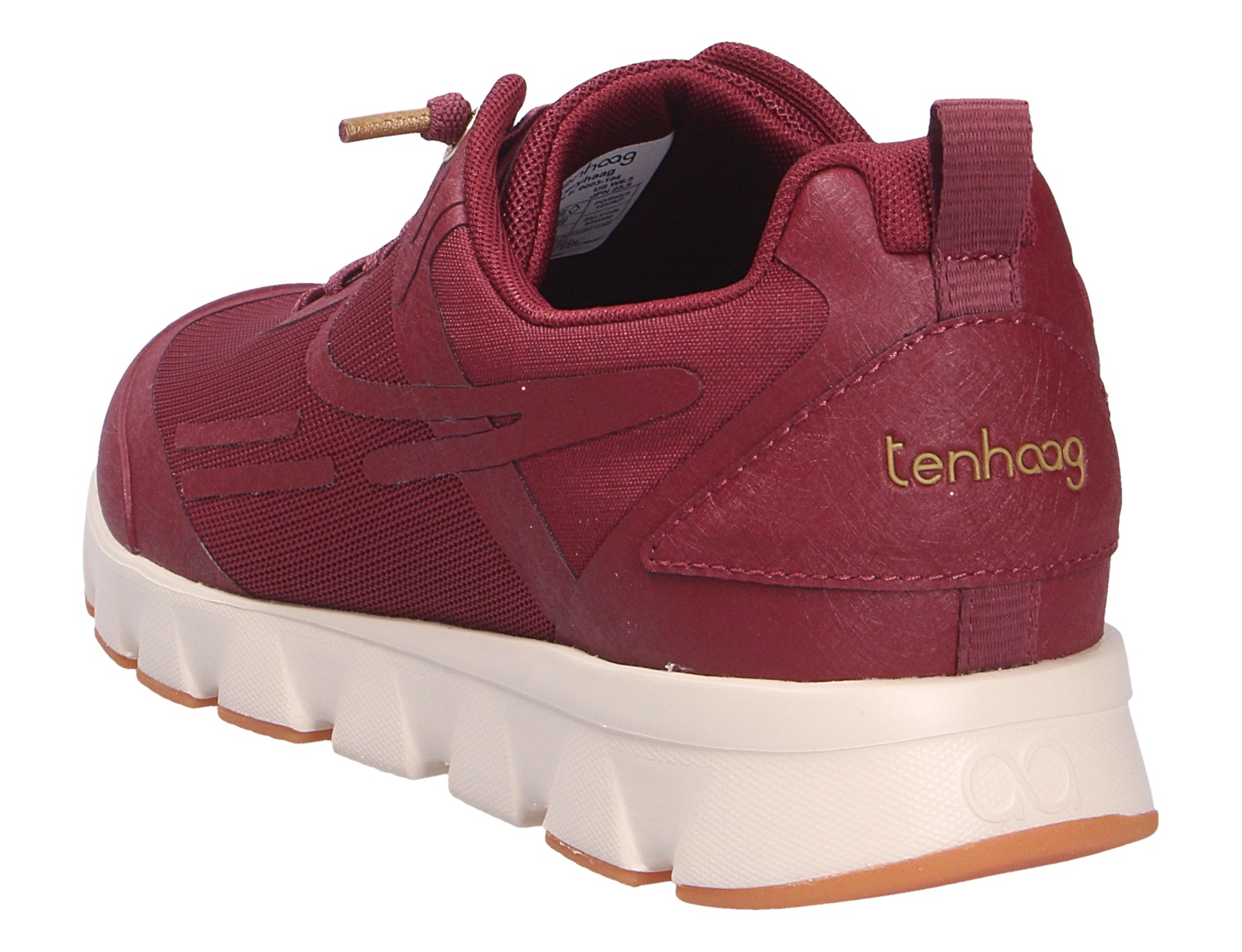 tenhaag 0003 Sneaker in Bordeaux mit weißer Profilsohle und Logo an der Ferse, gezeigt in Rück- und Seitenansicht