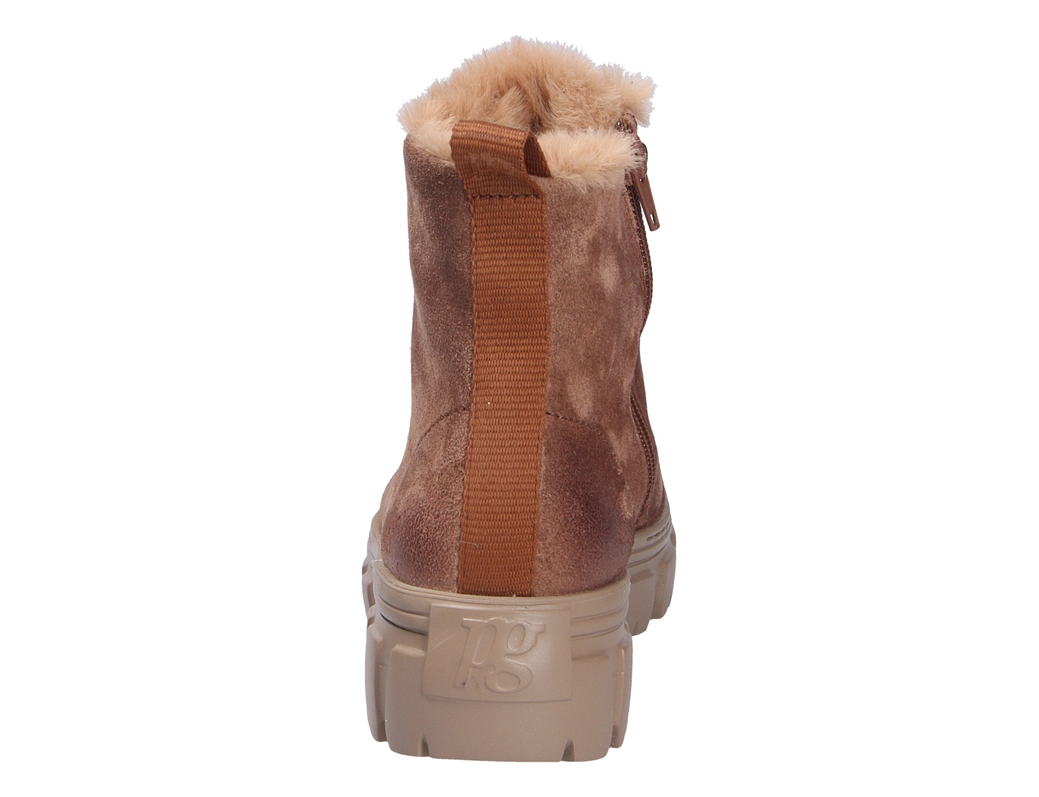 Rückansicht der Paul Green Damen Stiefel aus braunem Veloursleder mit Reißverschluss, Zuglasche, weichem Innenfutter und profilierter Sohle