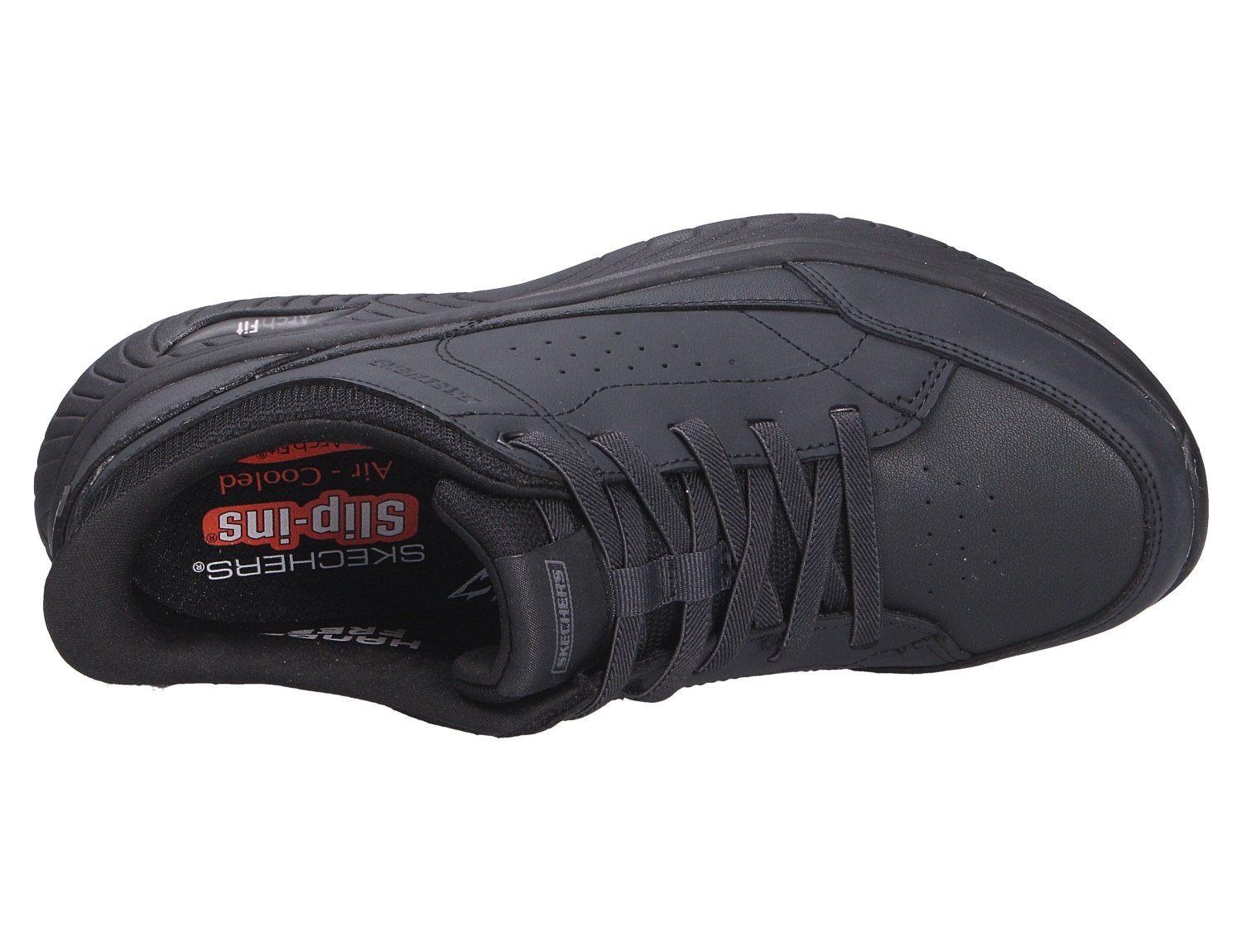 Draufsicht auf den schwarzen Skechers Arch Fit Sneaker mit Schnürung und gepolsterter Innensohle