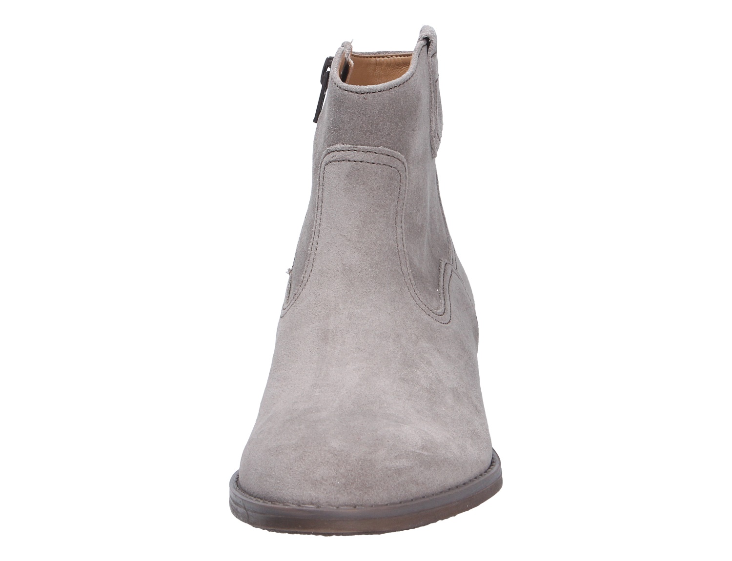 Frontansicht der Gabor Damen Stiefel in Taupe aus Veloursleder mit seitlichem Reißverschluss und flacher Sohle