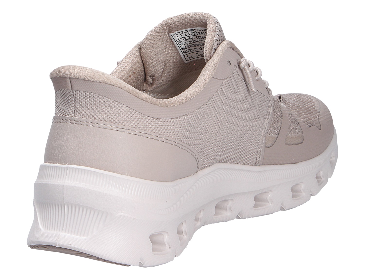 Skechers Glide Step Pro Damen-Sneaker in Beige mit atmungsaktivem Mesh-Obermaterial und markanter weißer Dämpfungssohle, Rück- und Seitenansicht