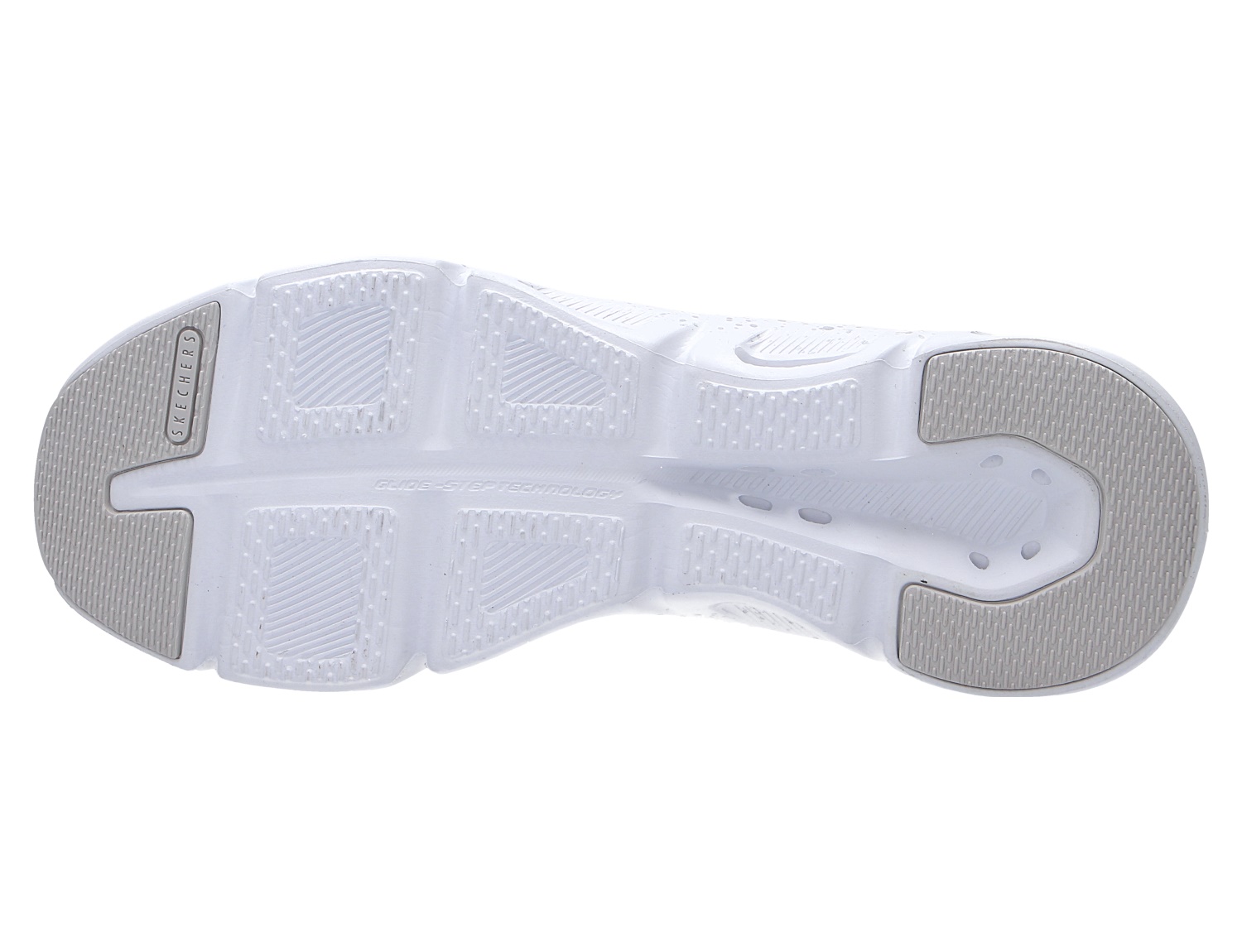 Unteransicht der weißen Laufsohle des Skechers Glide Step mit strukturiertem Profil und Glide-Step-Technologie