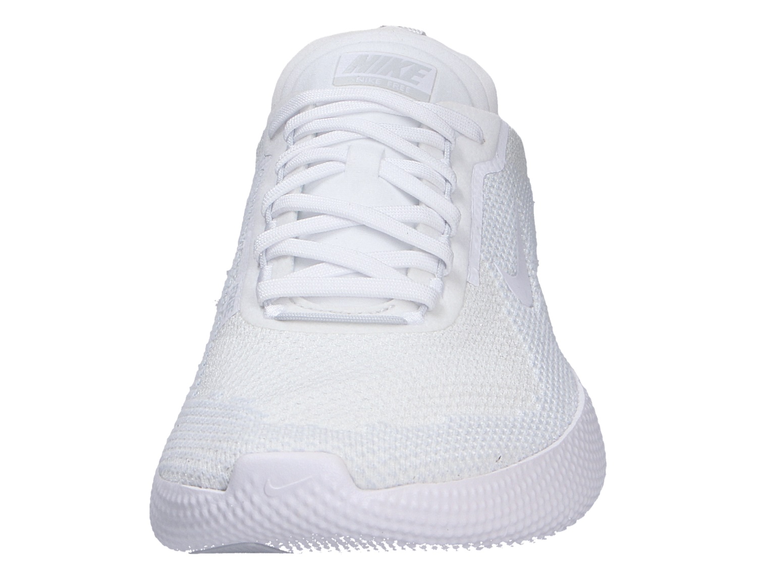 Frontalansicht des weißen Nike FREE 2025 Sneakers mit Schnürung und atmungsaktivem Obermaterial