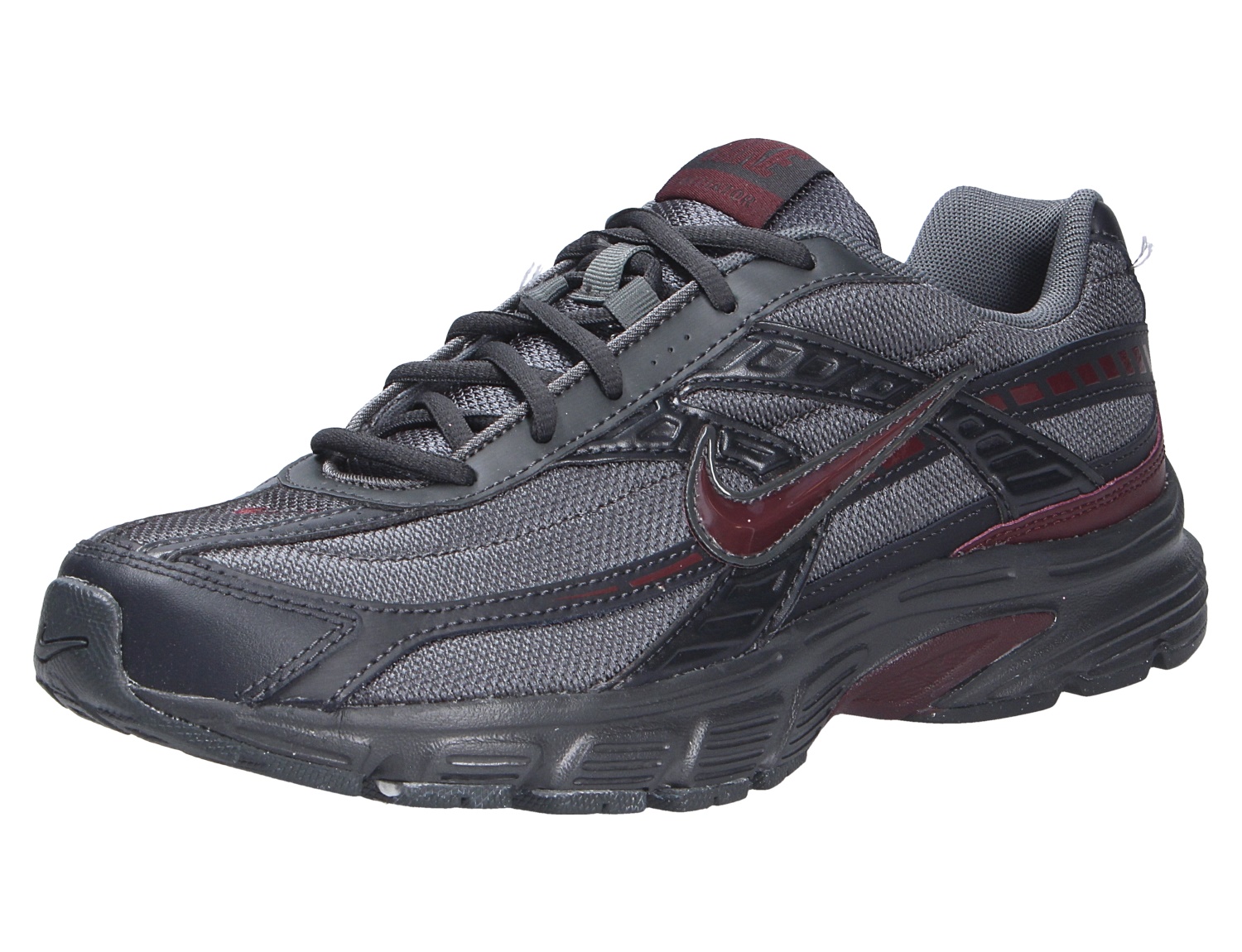Nike Initiator Sneaker für Herren in Grau, Schwarz und Bordeauxrot mit Mesh-Obermaterial, Schnürung und gepolsterter Sohle in seitlicher Ansicht