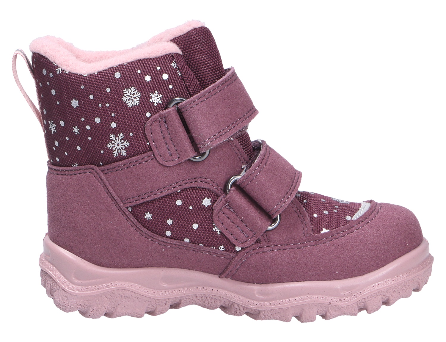 Superfit HUSKY1 Kinder-Winterstiefel in Beere mit warmem Futter, Klettverschlüssen und Schneeflocken-Print