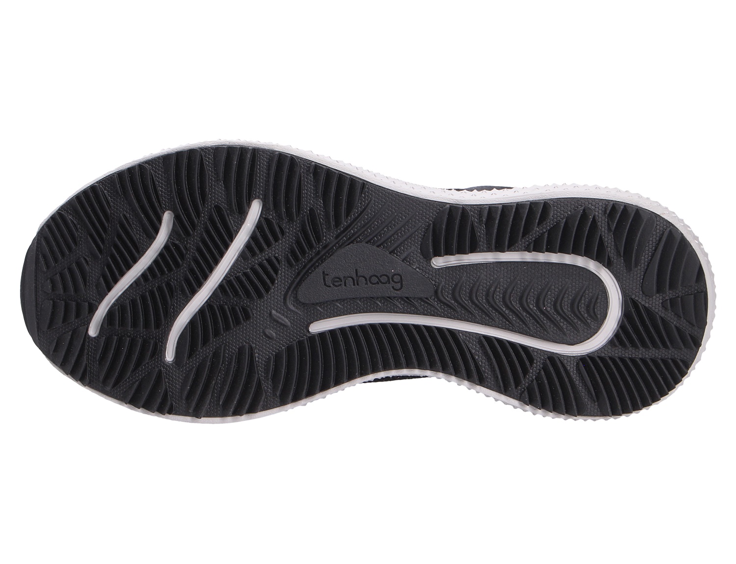 Unteransicht der schwarzen, profilierten Gummisohle des tenhaag Damen Sneakers mit rutschhemmendem Laufsohlenprofil und tenhaag Logo