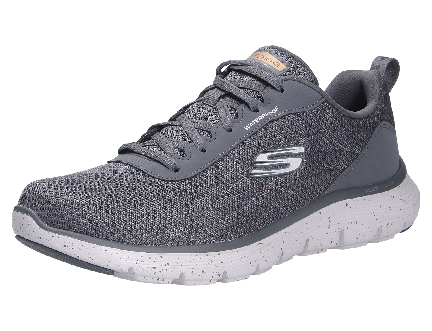 Skechers Fles Advantage grauer Sneaker mit Mesh-Obermaterial, Schnürung, Waterproof-Details und heller flexibler Laufsohle in Seitenansicht