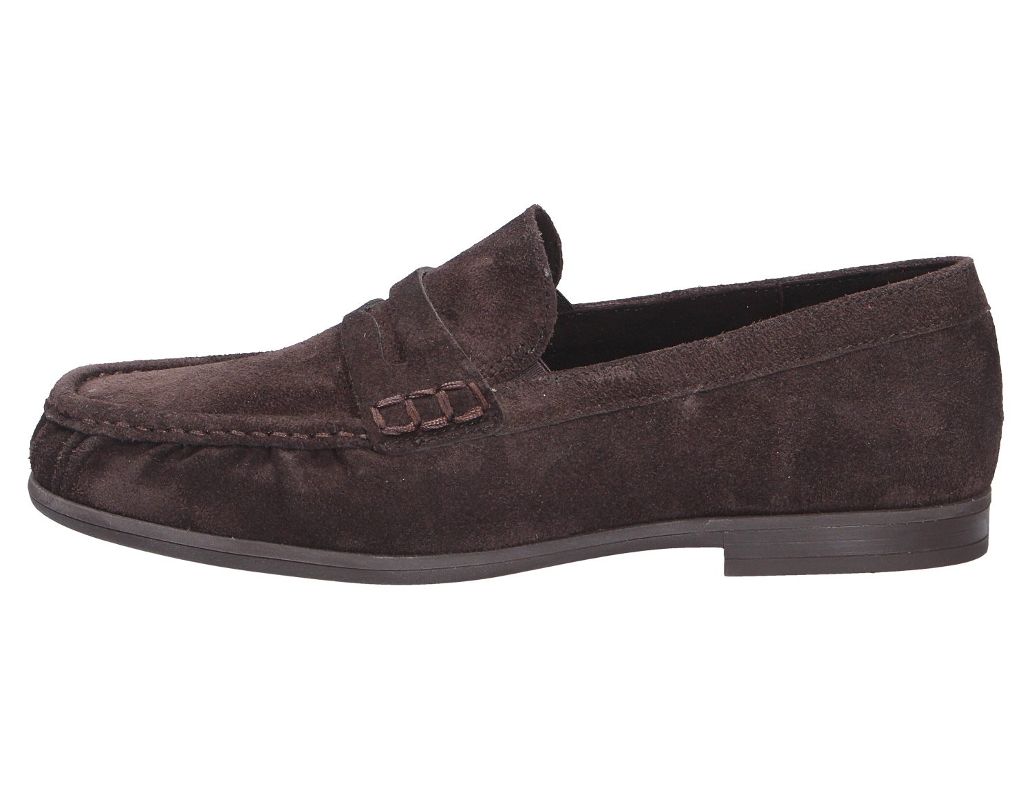 Paul Green Damen Slipper aus dunkelbraunem Veloursleder mit Mokassin-Naht und flachem Absatz, seitliche Produktansicht