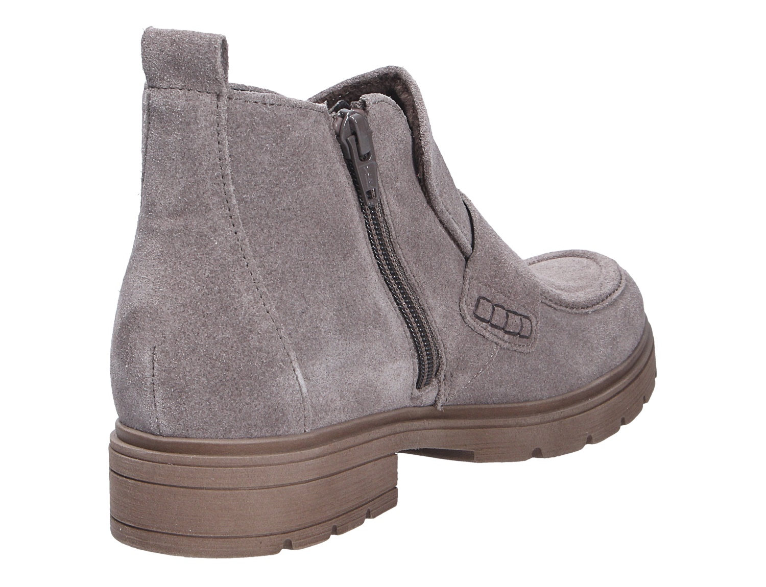 Gabor Damen Stiefel in Grau aus Veloursleder, seitliche Rückansicht mit Reißverschluss, Ziernaht und robuster Profilsohle