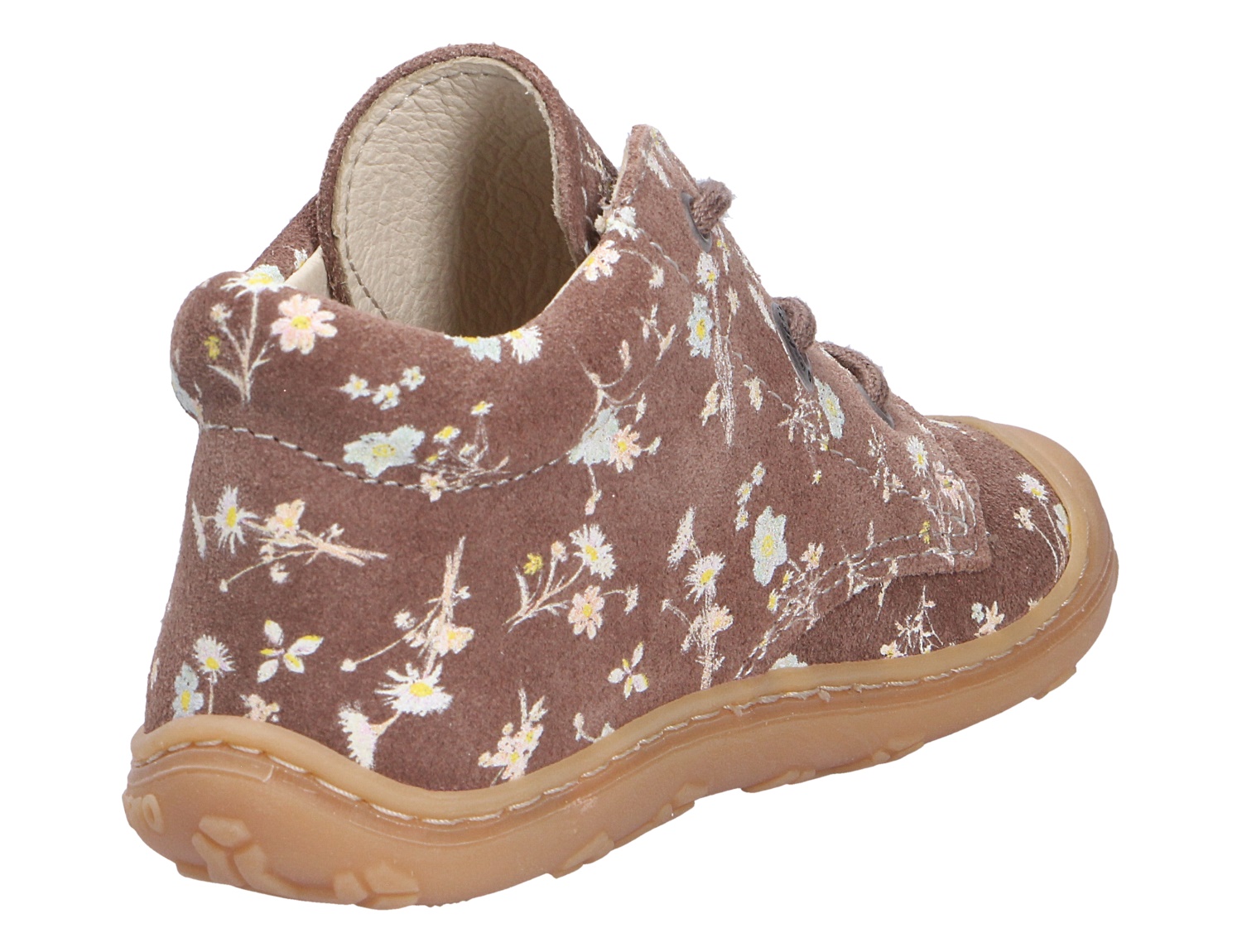 Ricosta Cory Kinder-Laufschuh aus braunem Veloursleder mit Blumenprint und Gummisohle, Rück- und Seitenansicht