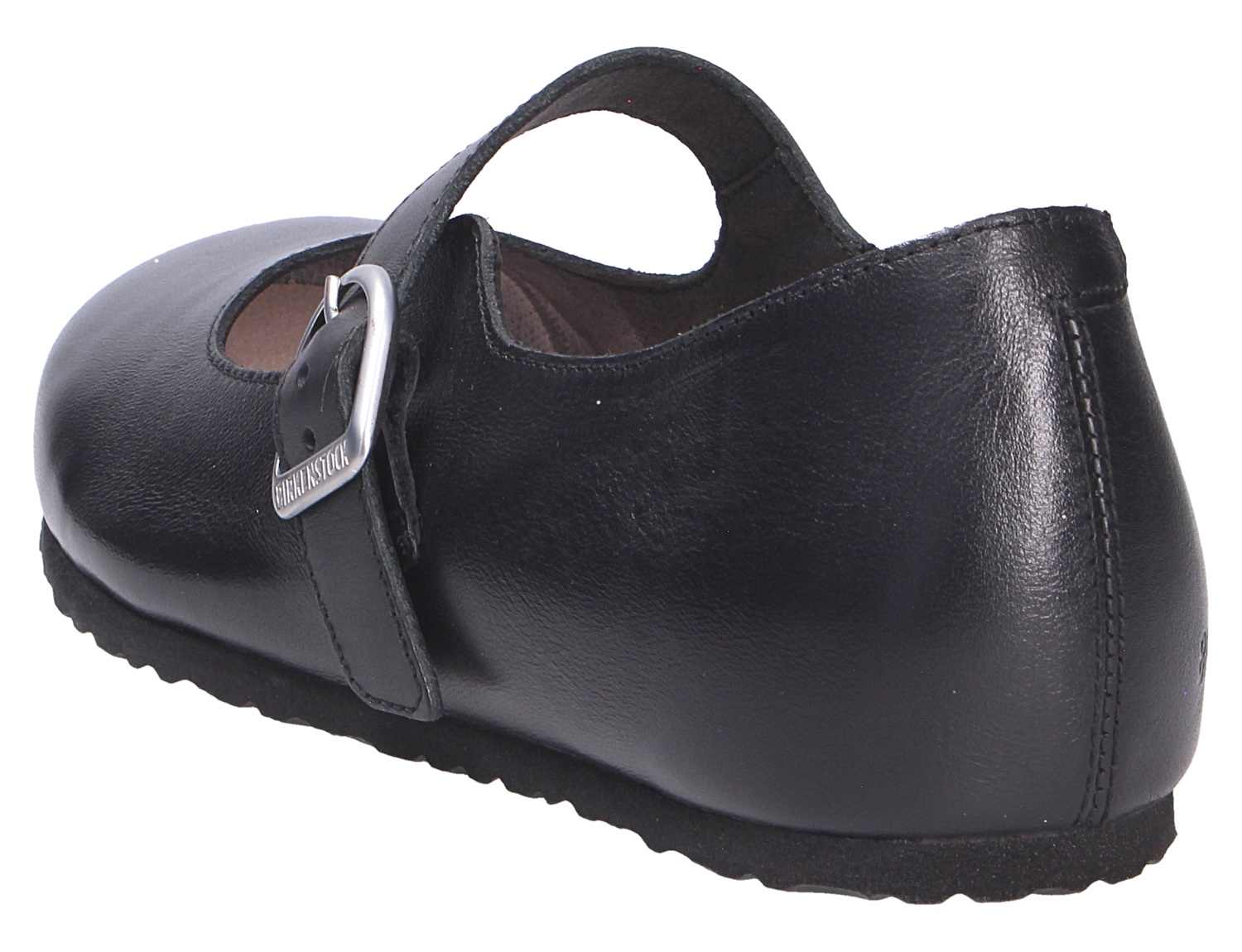 Birkenstock Santa Clarita in Schwarz, eleganter Mary-Jane-Schuh aus Leder mit verstellbarem Riemen und rutschfester Sohle, seitliche Rückansicht